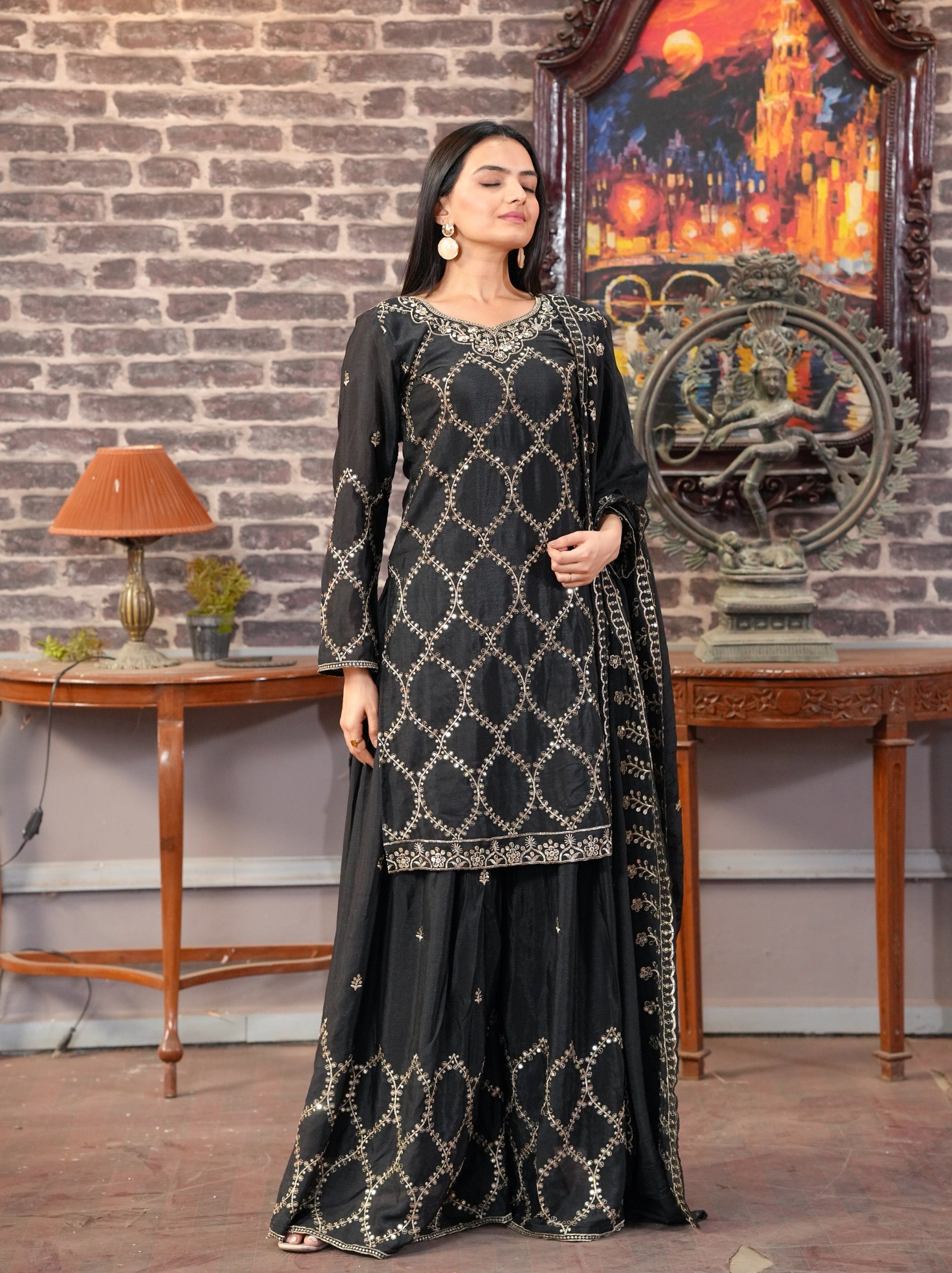 Designer Embroidered Chinon Sharara Suit with Beautiful Work