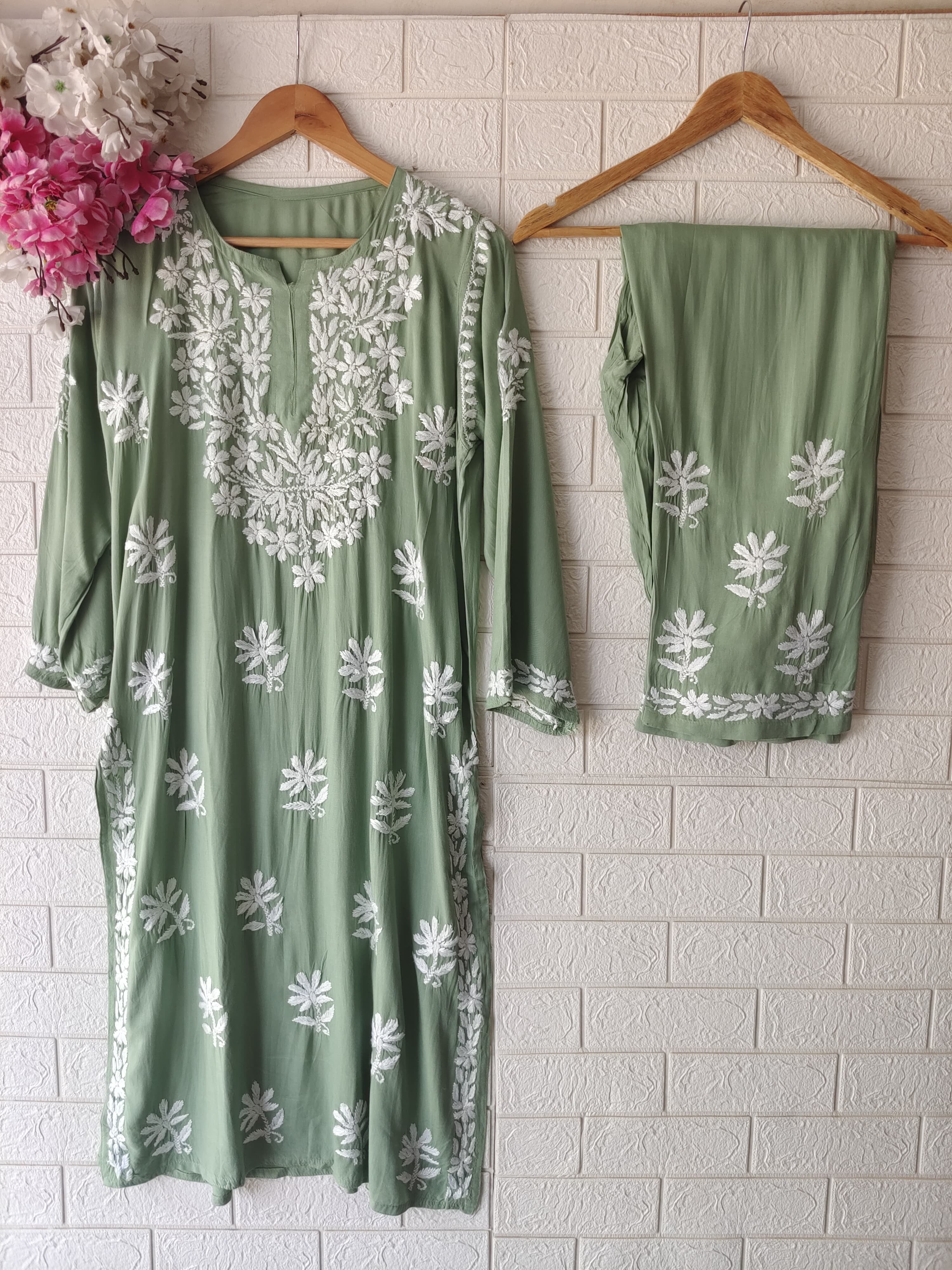 Rayon Highquality Finest White embroidered KurtaSet