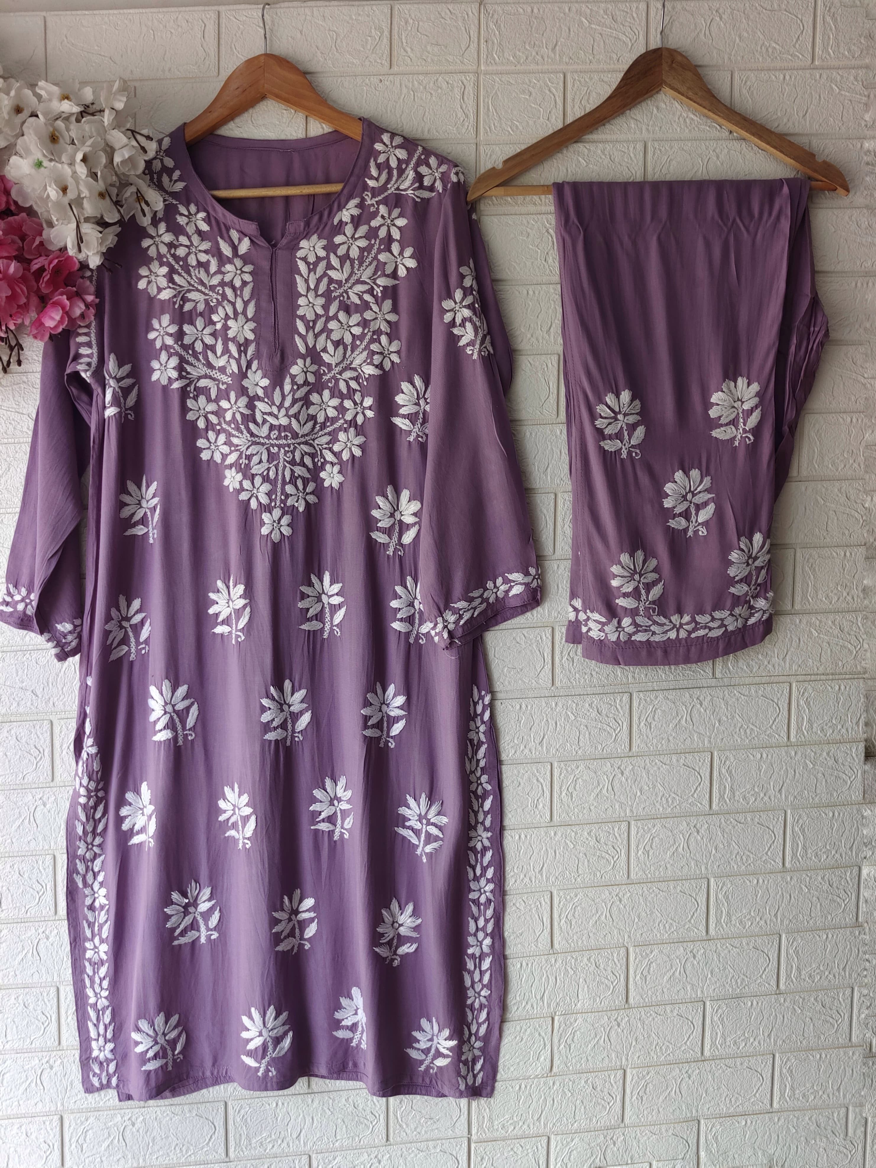 Rayon Highquality Finest White embroidered KurtaSet