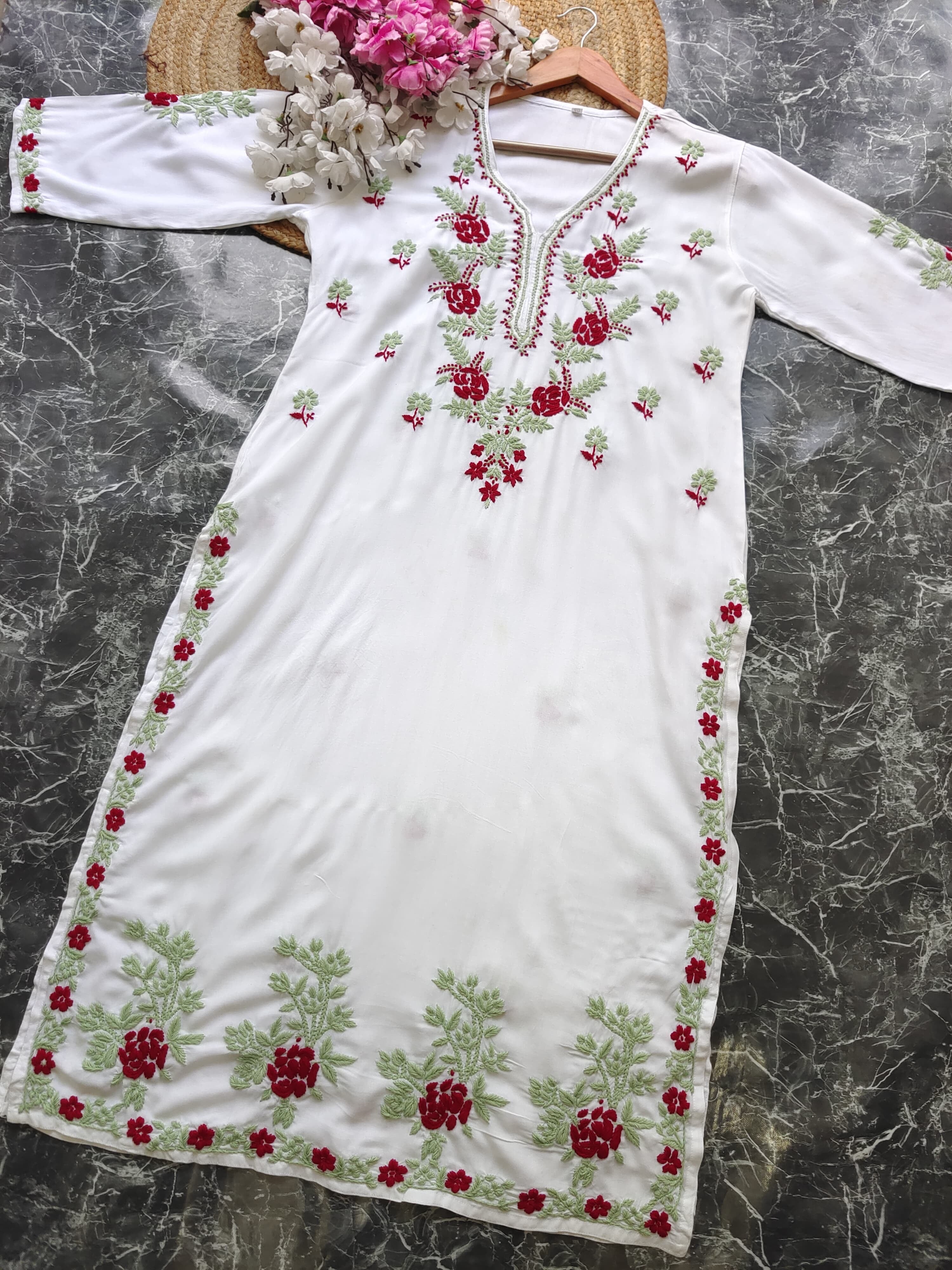Designer white kurta with dual colour thread fine chikankari work