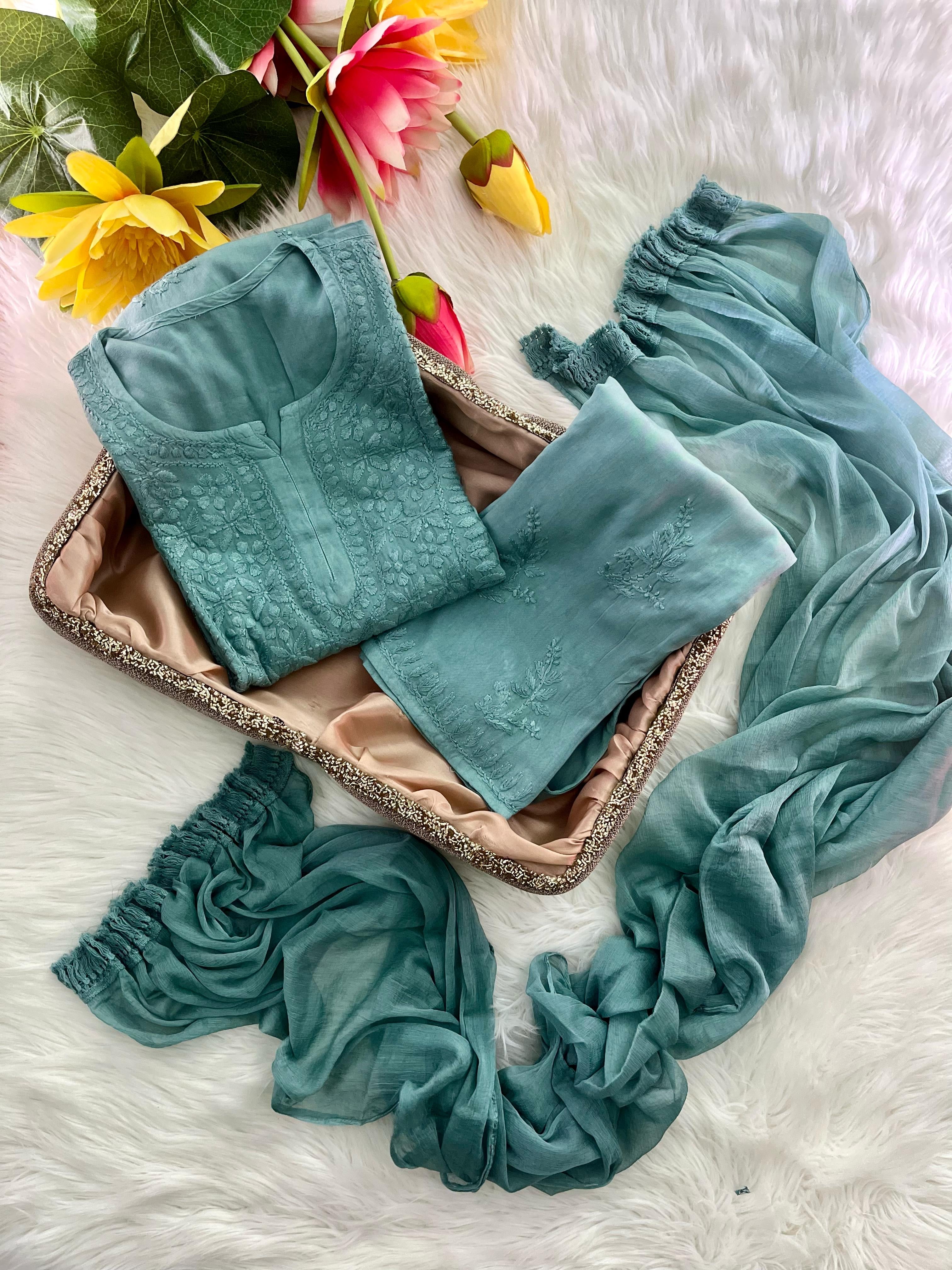 Zoya Rangrez Comfy 3pc Chikankari hand embroidered Set : Saba Ibrahim Inspired