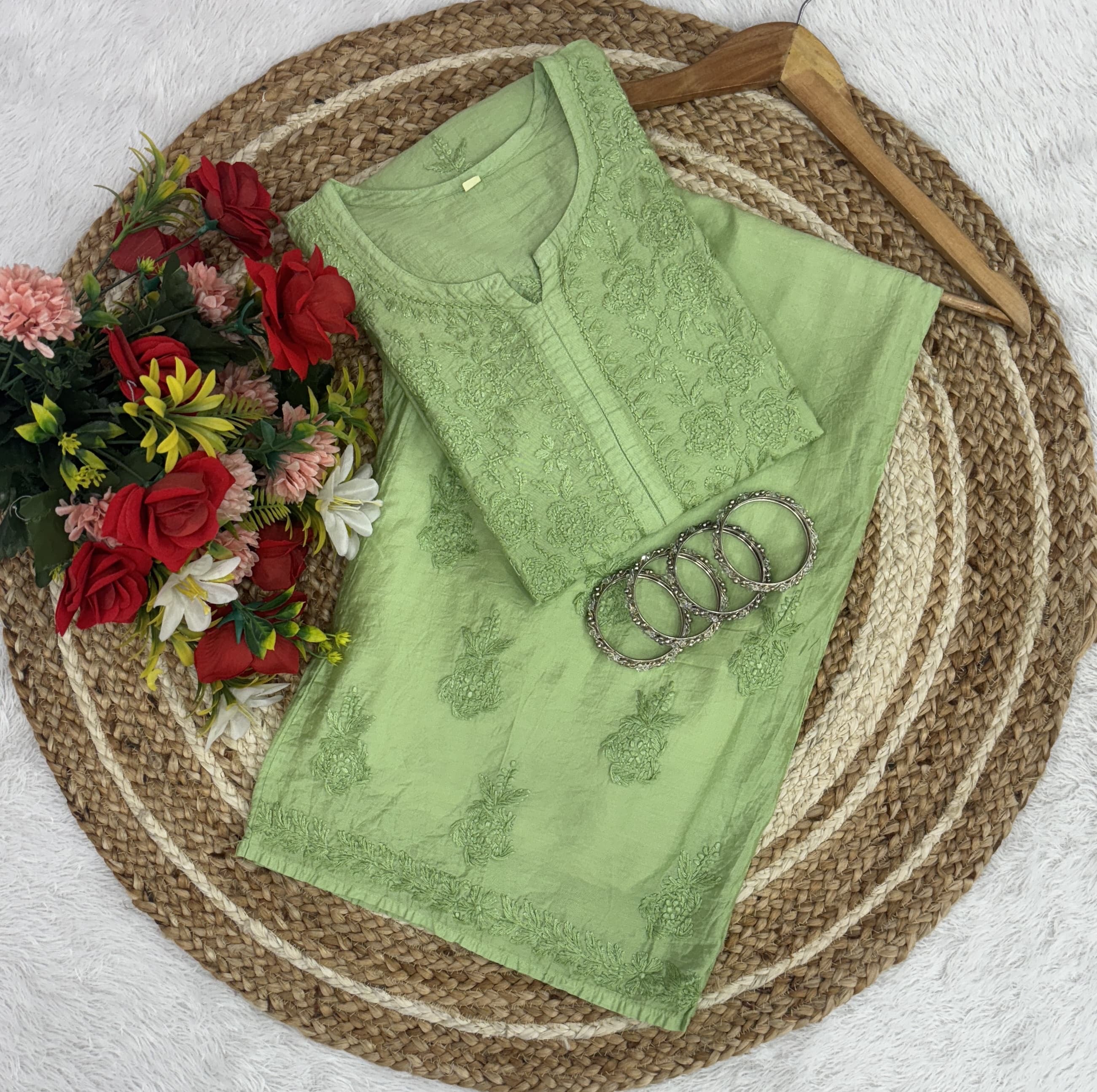 Lucknowi Chikankari Chanderi Rose Design Kurti & Plazo Set