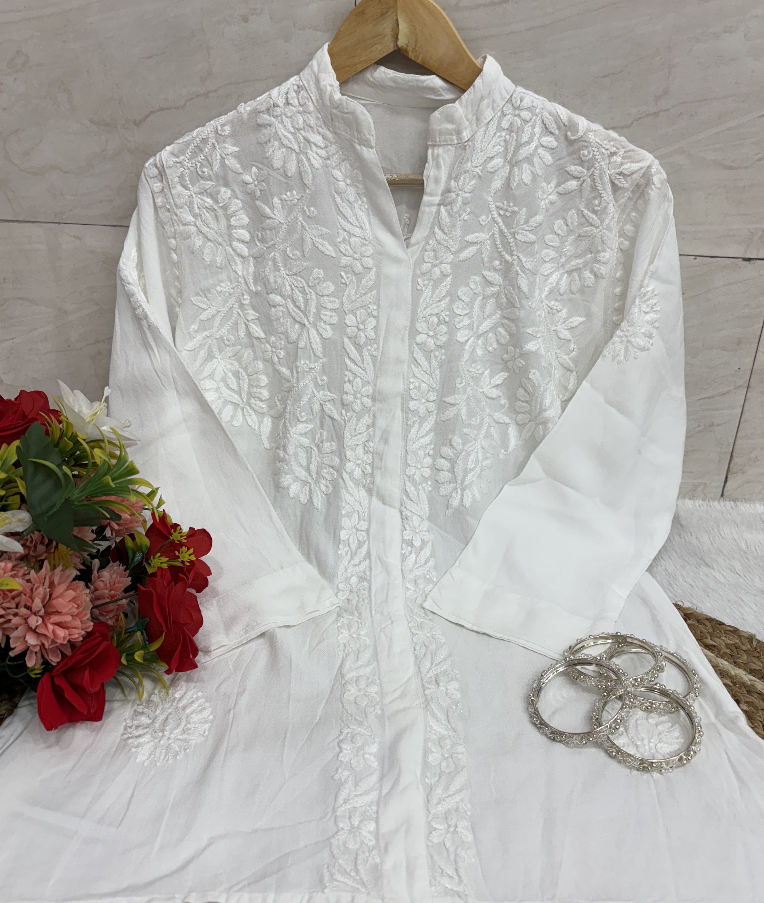 Rayon Chikankari White Ghasspatti Combo