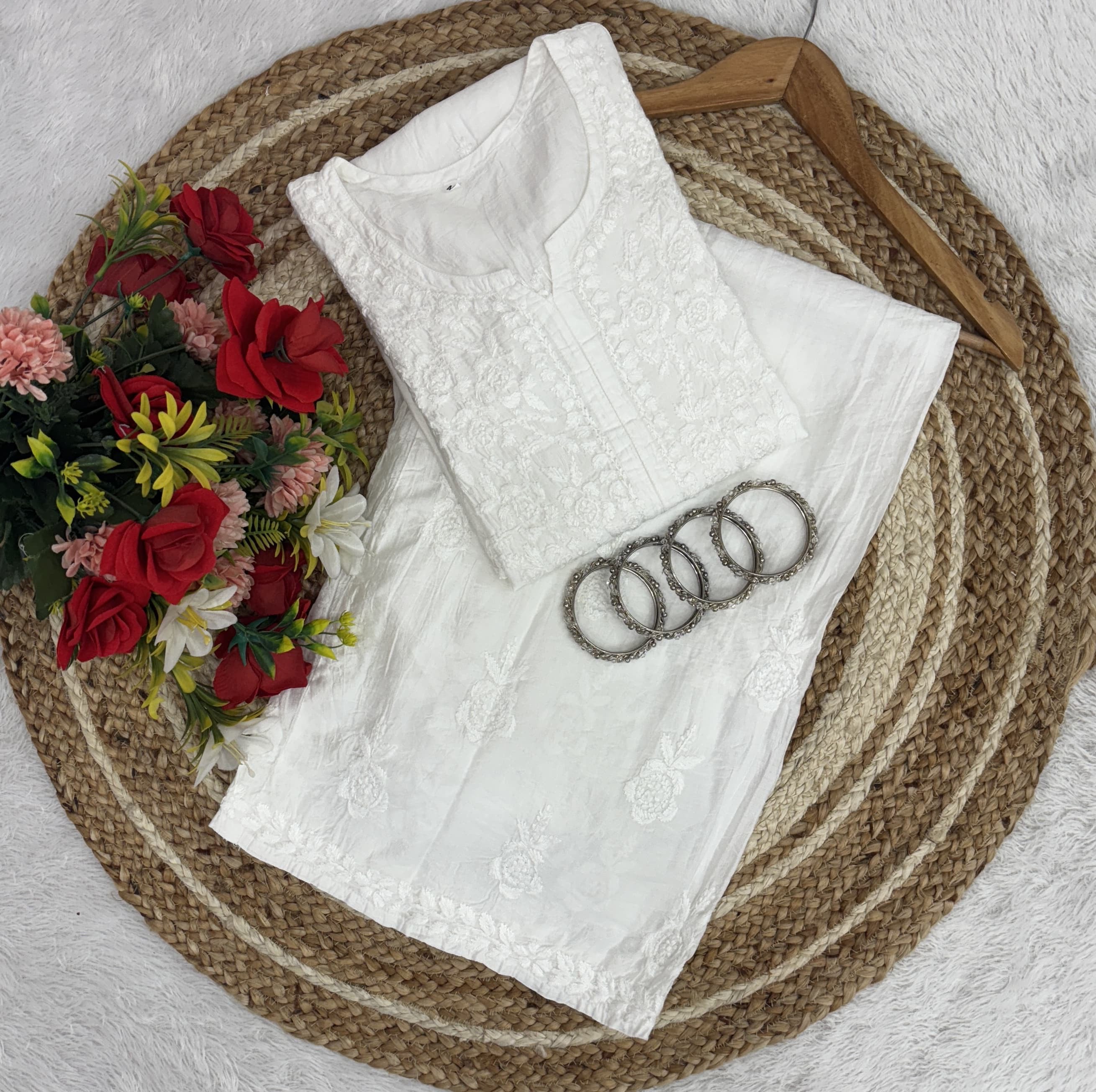 Lucknowi Chikankari Chanderi Rose Design Kurti & Plazo Set