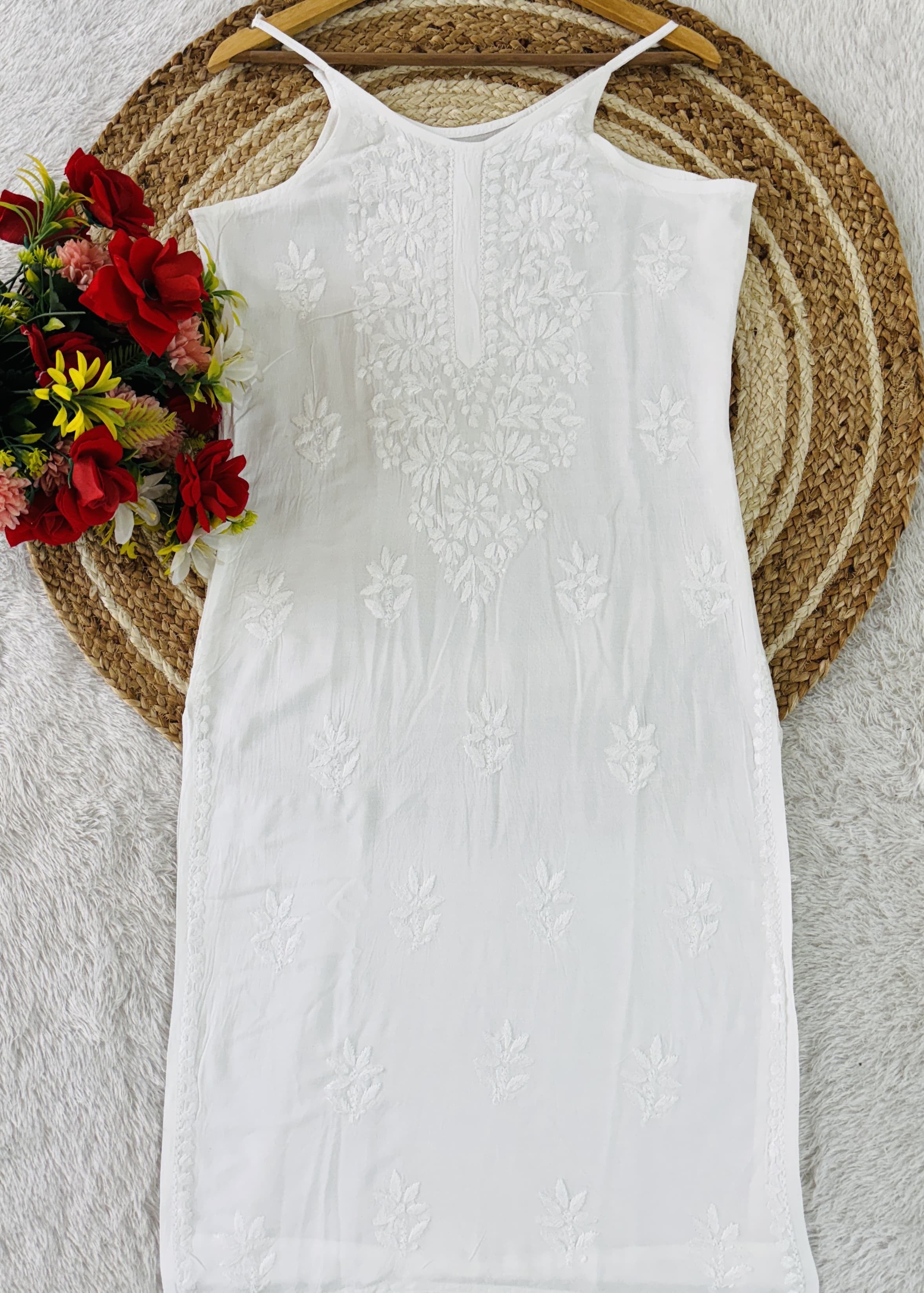 Ghass patti Hand Work sleevless Rayon long top