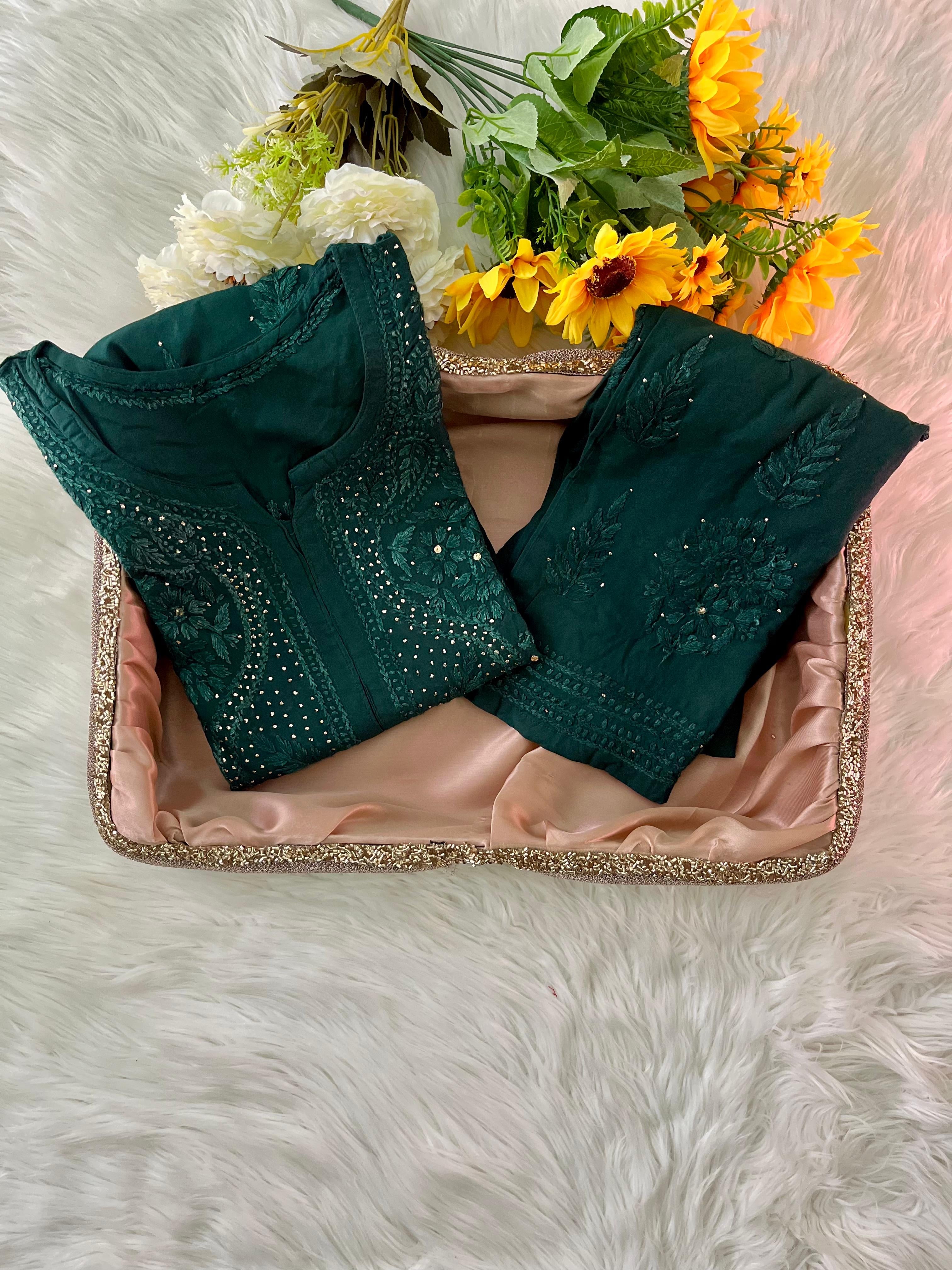 Iddat Muqaish Work Fine Handwork Lucknowi Kurta Plazo 2pcSet