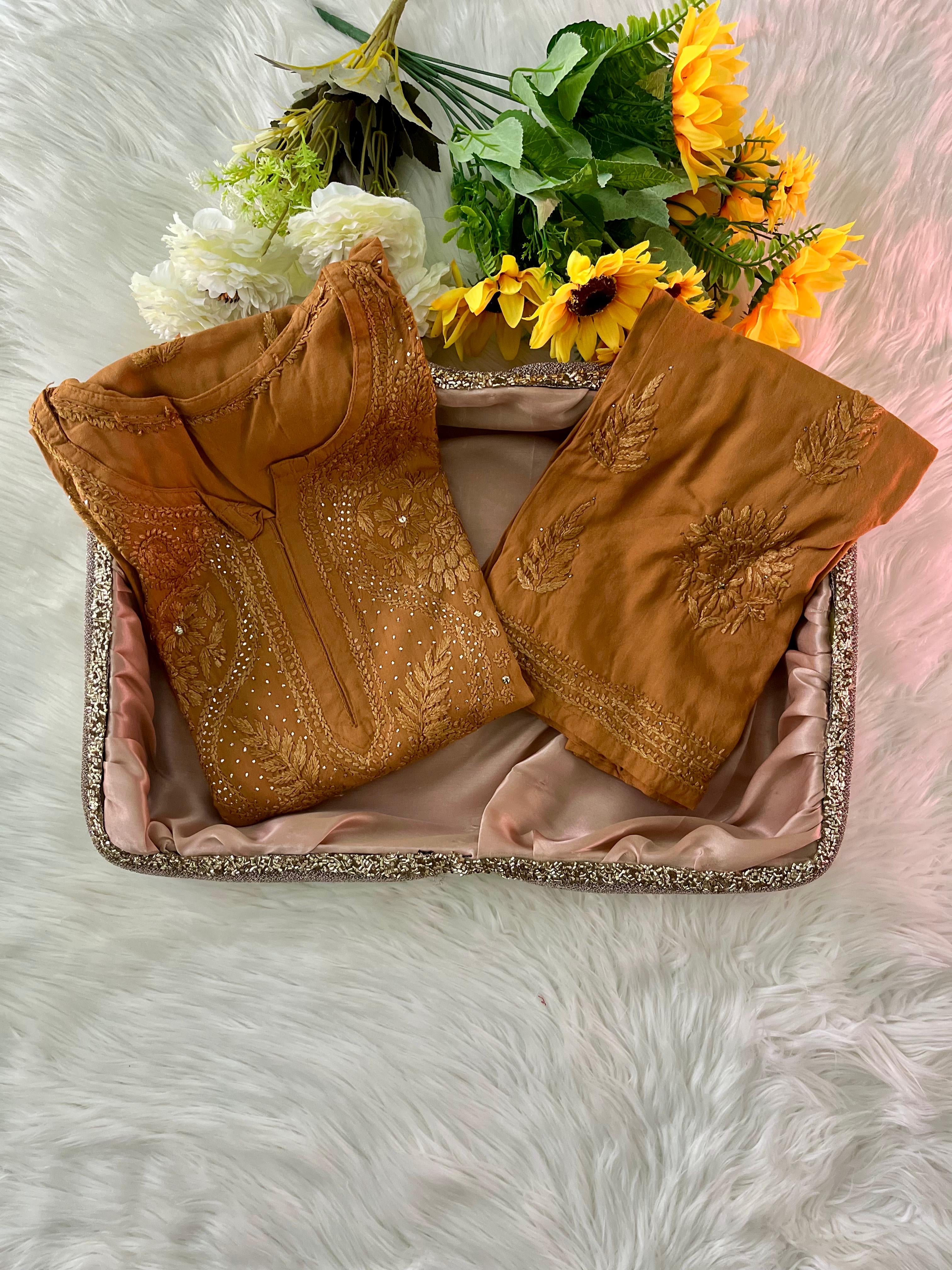 Iddat Muqaish Work Fine Handwork Lucknowi Kurta Plazo 2pcSet