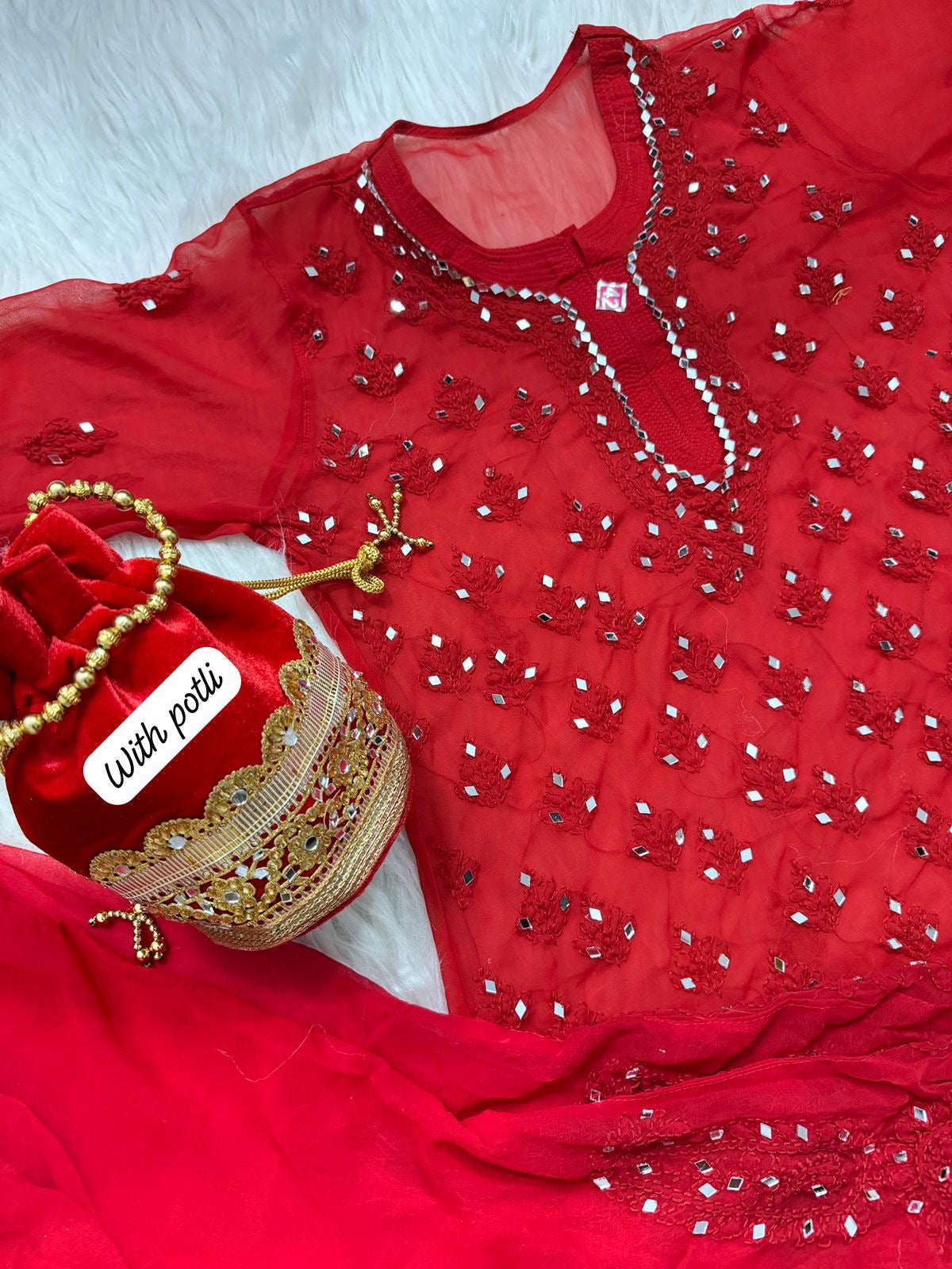 Navratri Red Mirror 4pc Set with potli