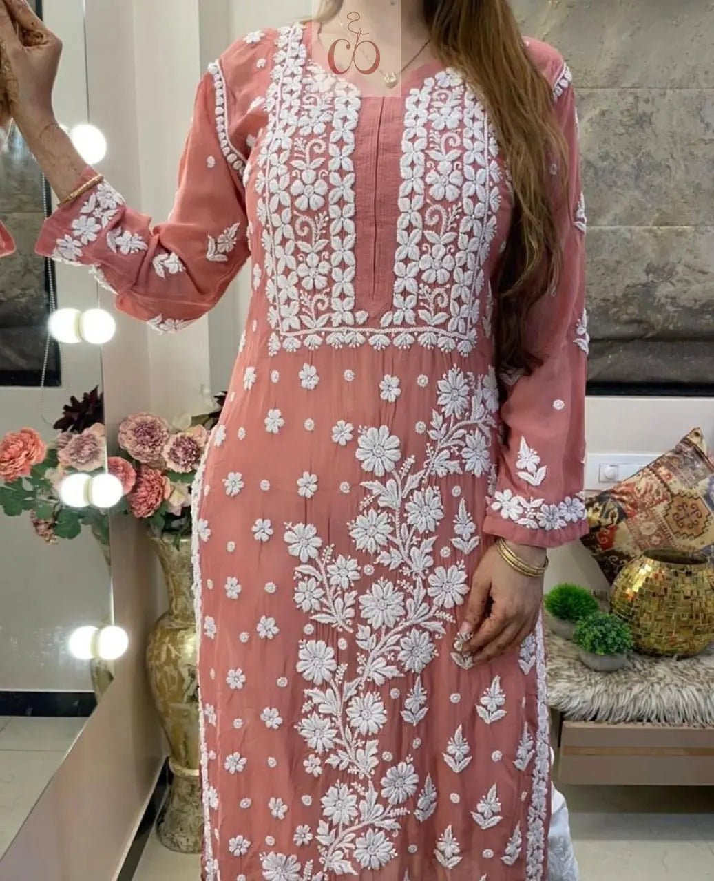 3d Jasmin Muslin Kurti - chikankariofficial
