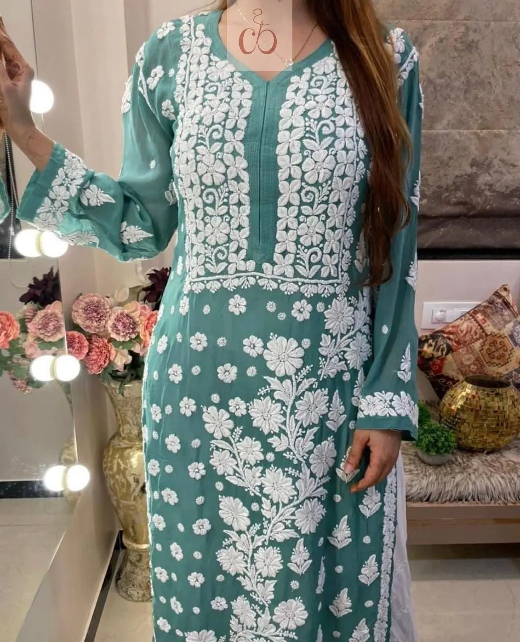 3d Jasmin Muslin Kurti - chikankariofficial