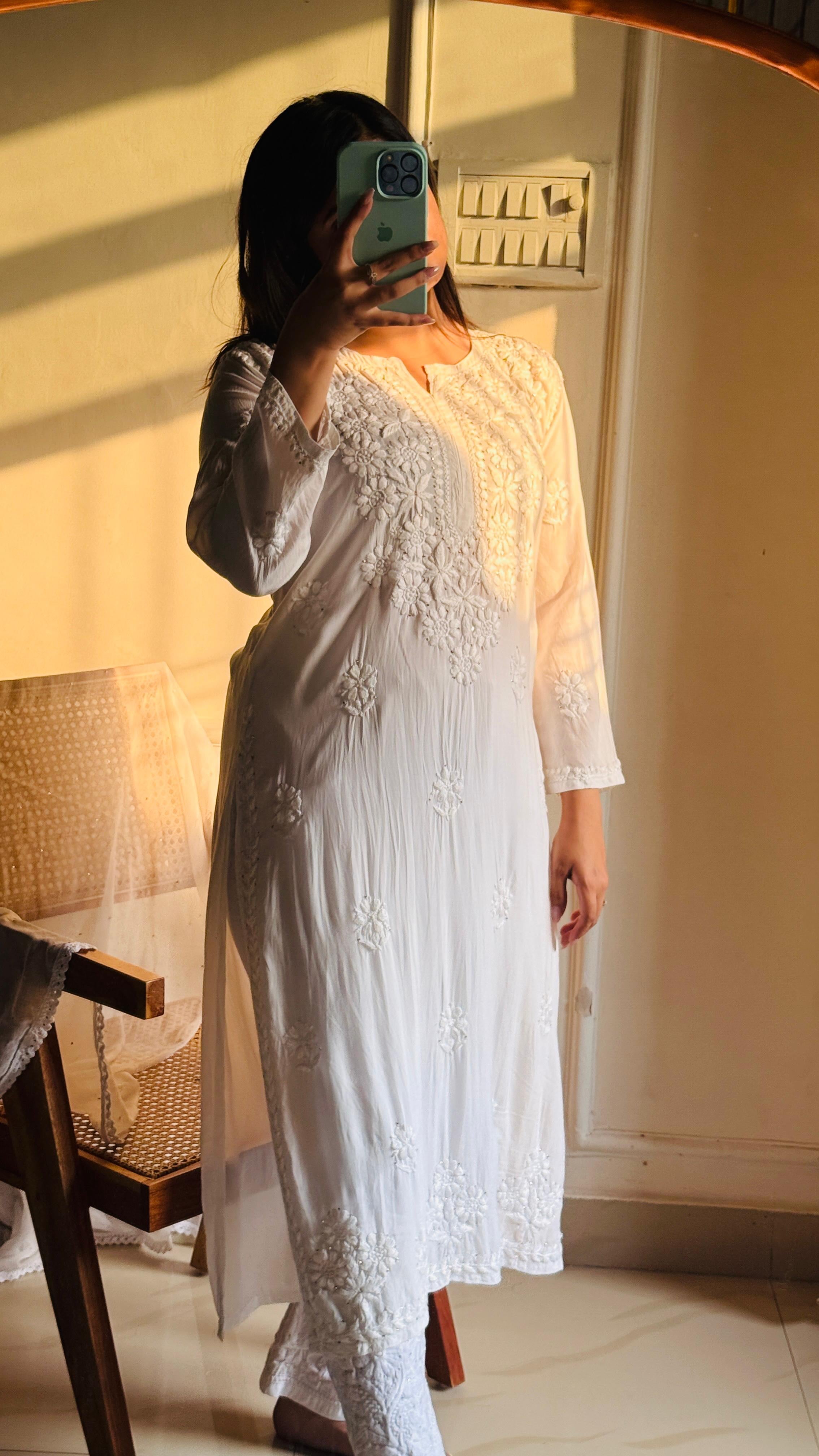 Heavy Work Modal Muqaish 3pc White Set