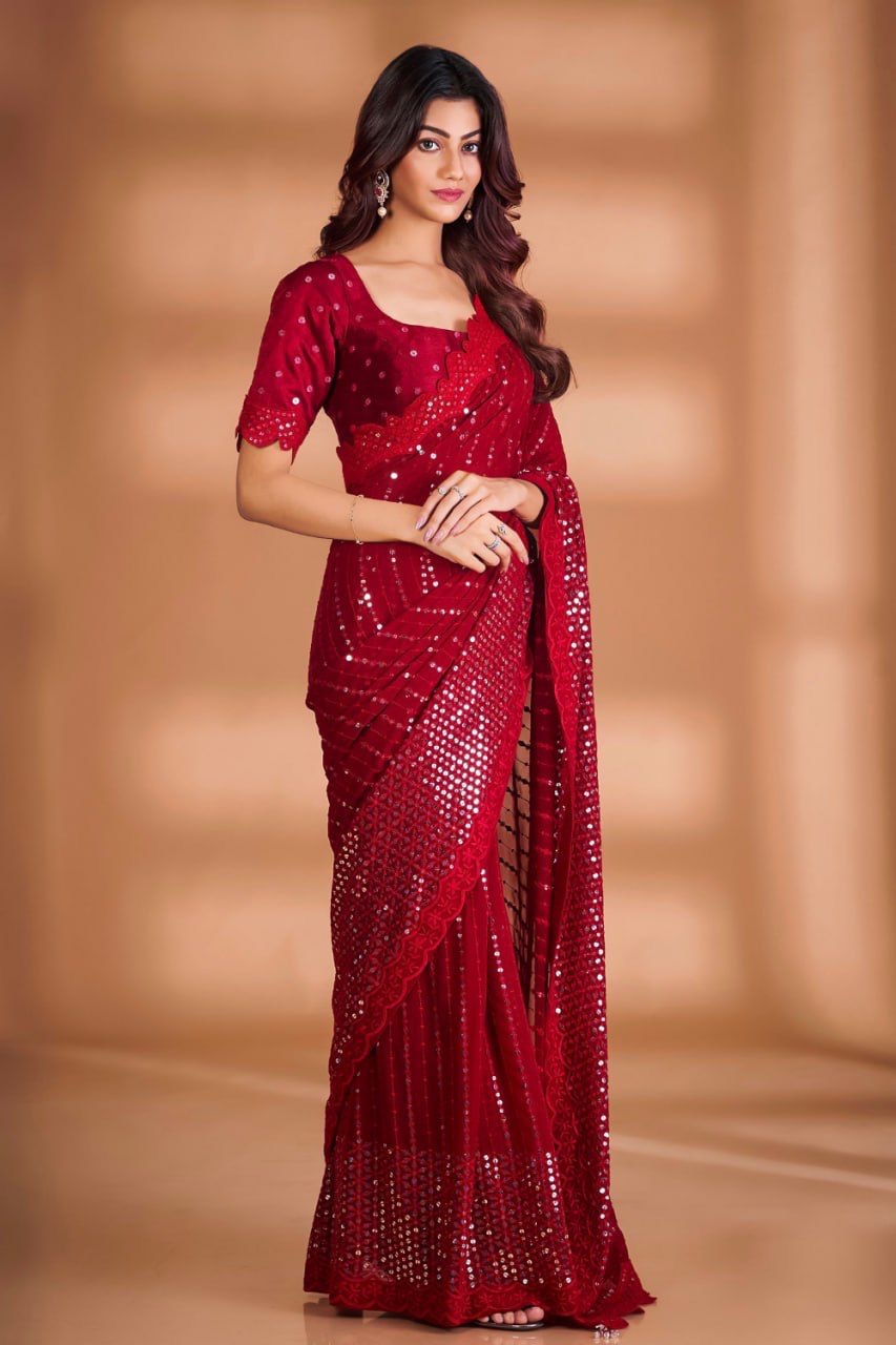 Party Wear Sequence Red Work On saree
