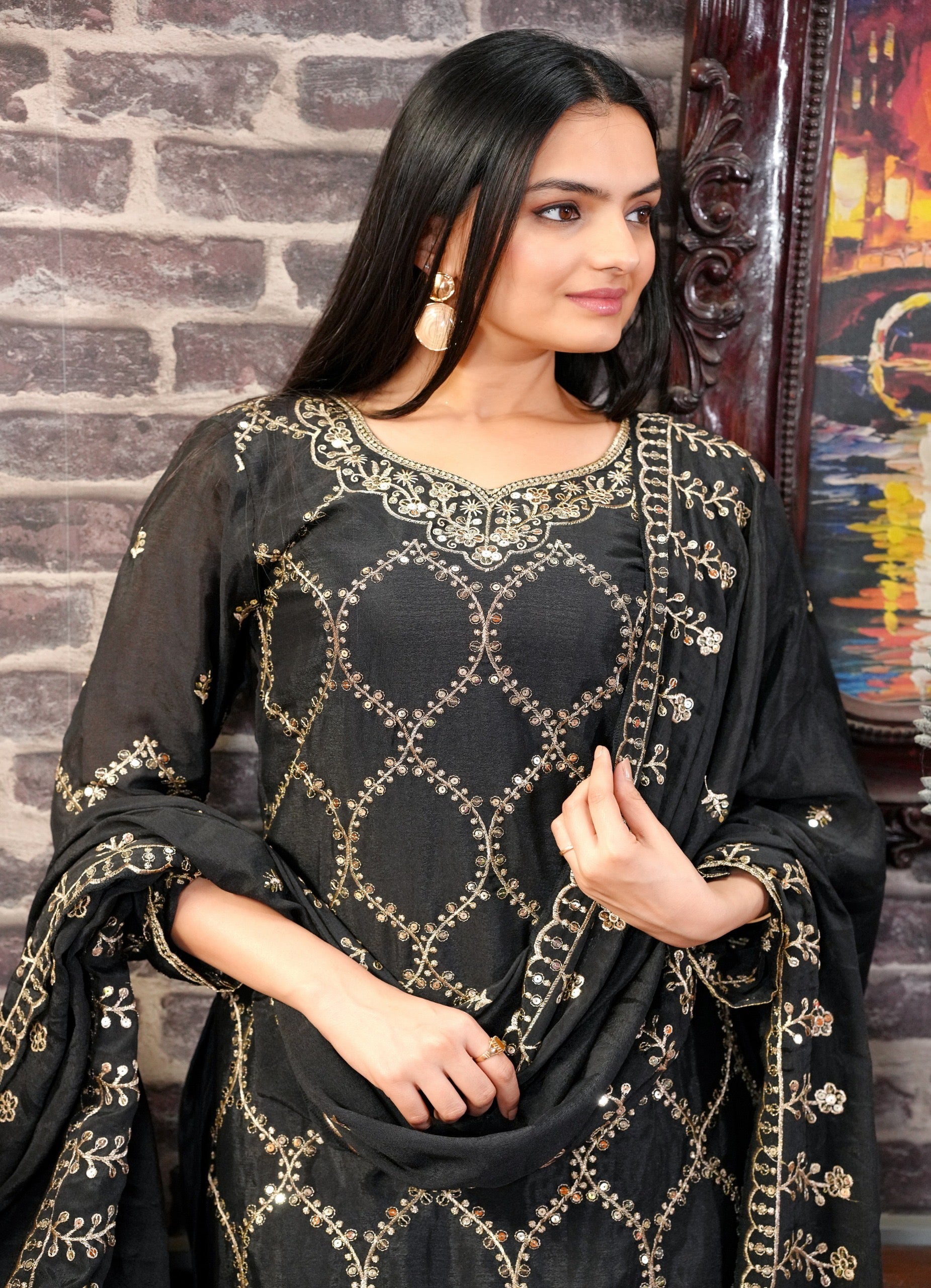 Designer Embroidered Chinon Sharara Suit with Beautiful Work