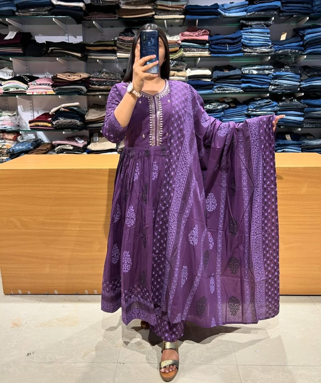 Purple Flaired Anarkali Suit Set