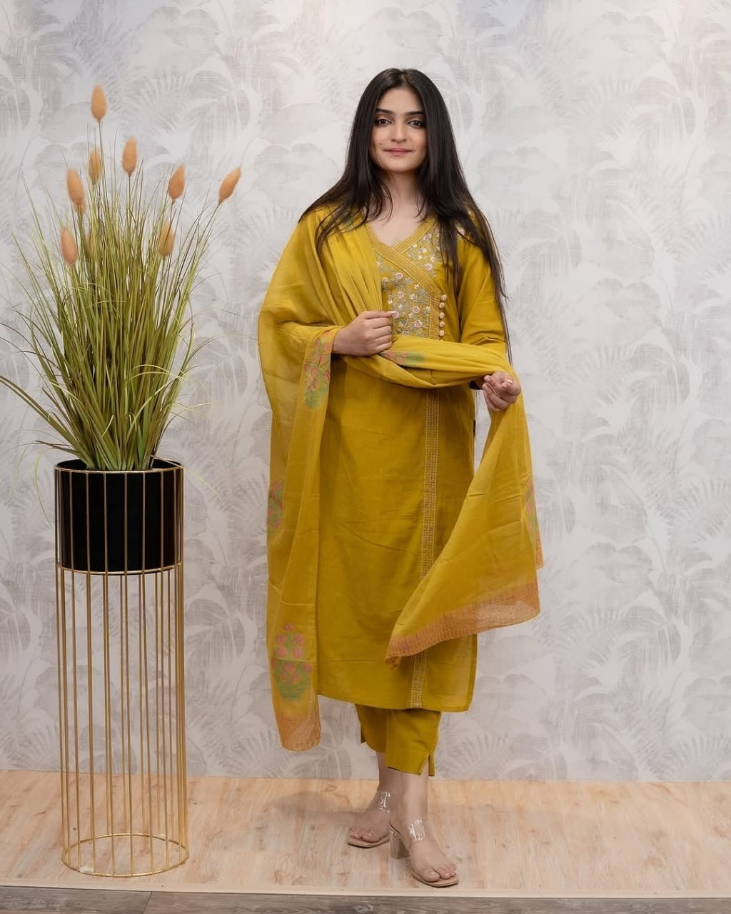 Yellow staright Anarkali Suit Set
