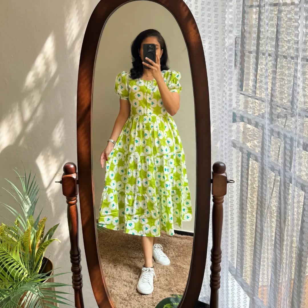 Green Flower ikkat print Cotton Full Flair Middy Gown