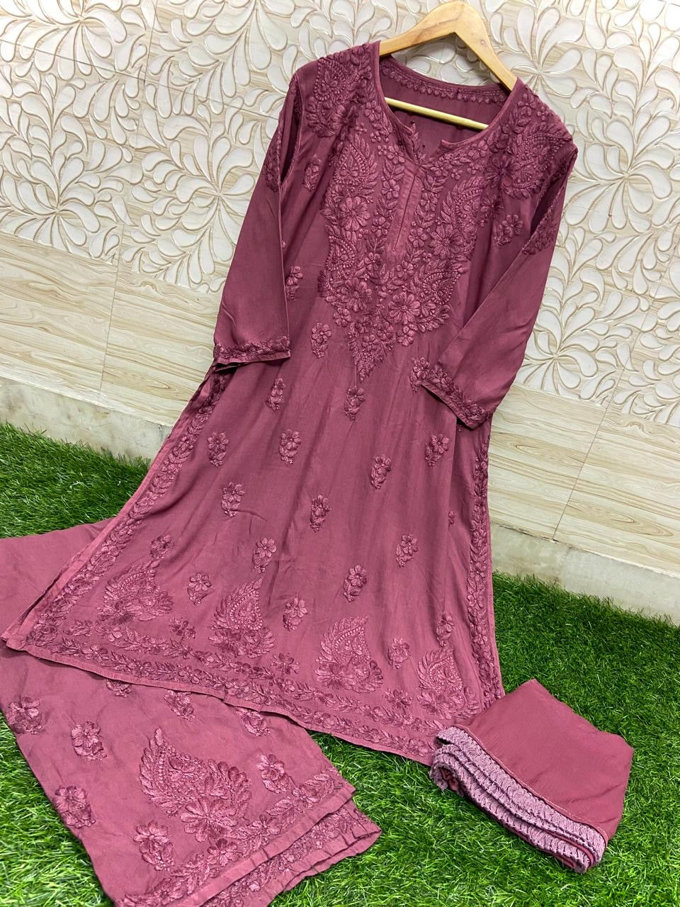 3D Work Plazzo Set Premium Heavy silky Reyon Kurti Plazzo Dupatta Set