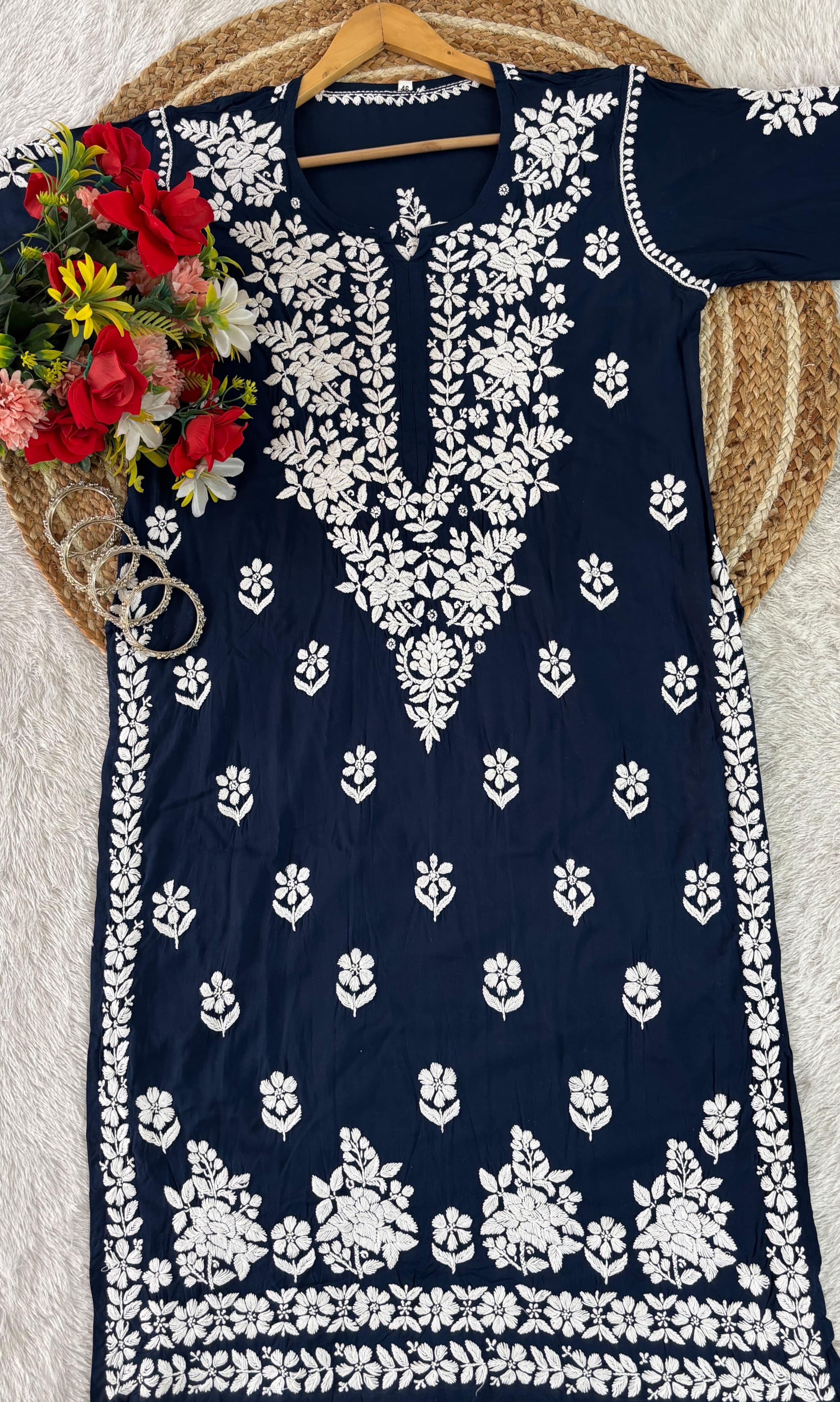 Lucknowi Chikankari Polister Thread Beautiful Ghas Patti Hand Modal Kurti