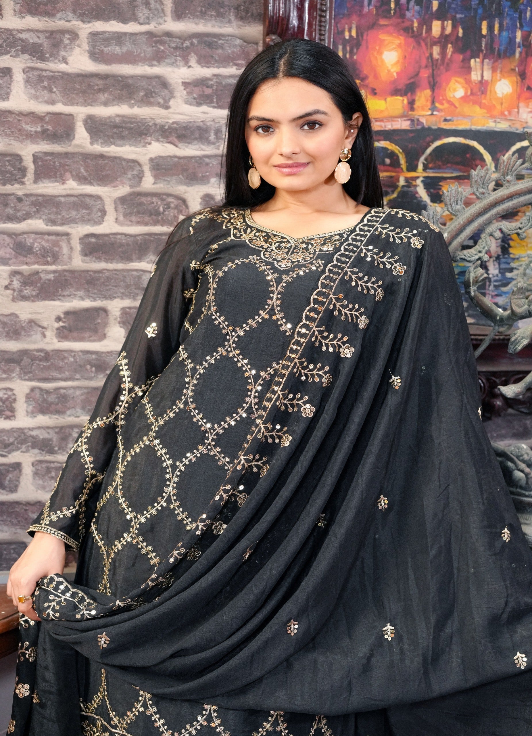 Designer Embroidered Chinon Sharara Suit with Beautiful Work