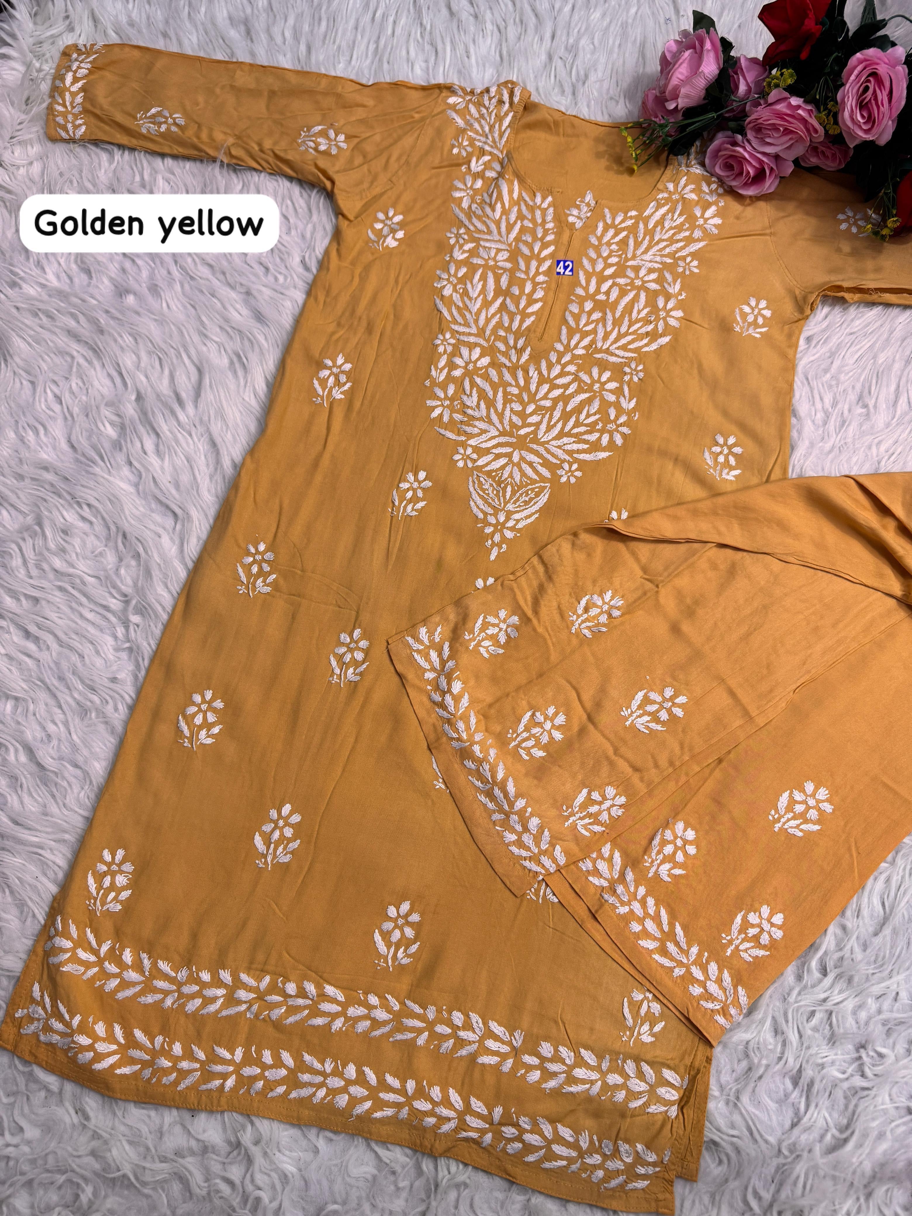 Lucknawi Heavy work Rayon Kurti with Free size plazzo