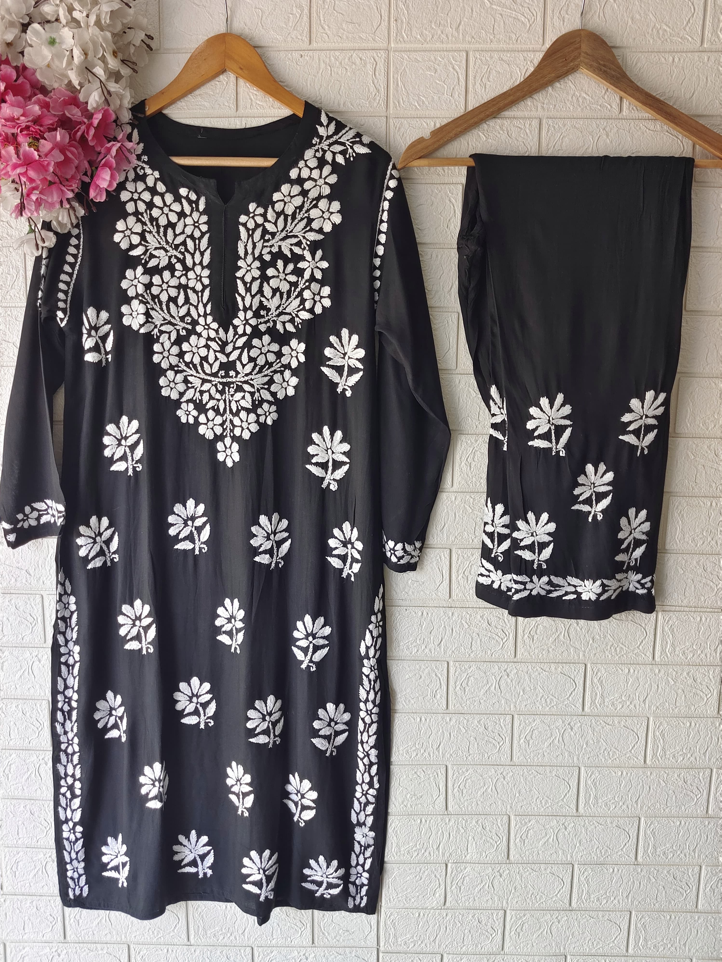 Rayon Highquality Finest White embroidered KurtaSet