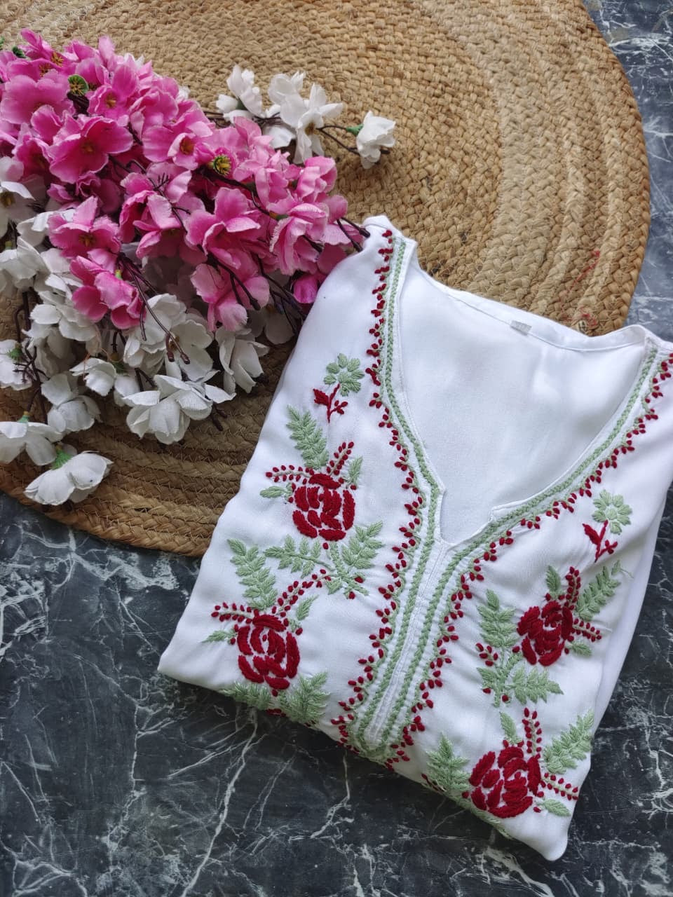 Designer white kurta with dual colour thread fine chikankari work