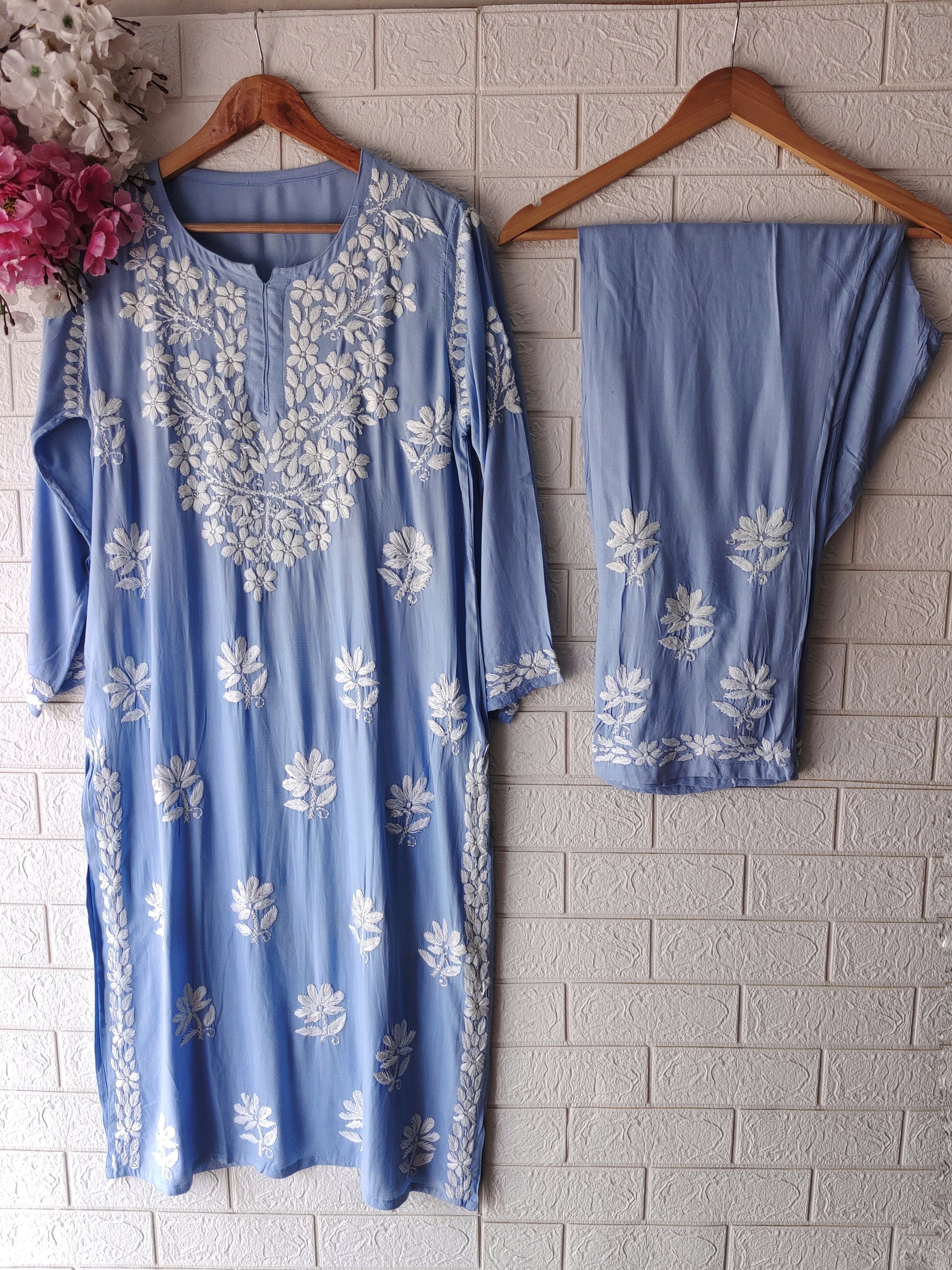 Rayon Highquality Finest White embroidered KurtaSet