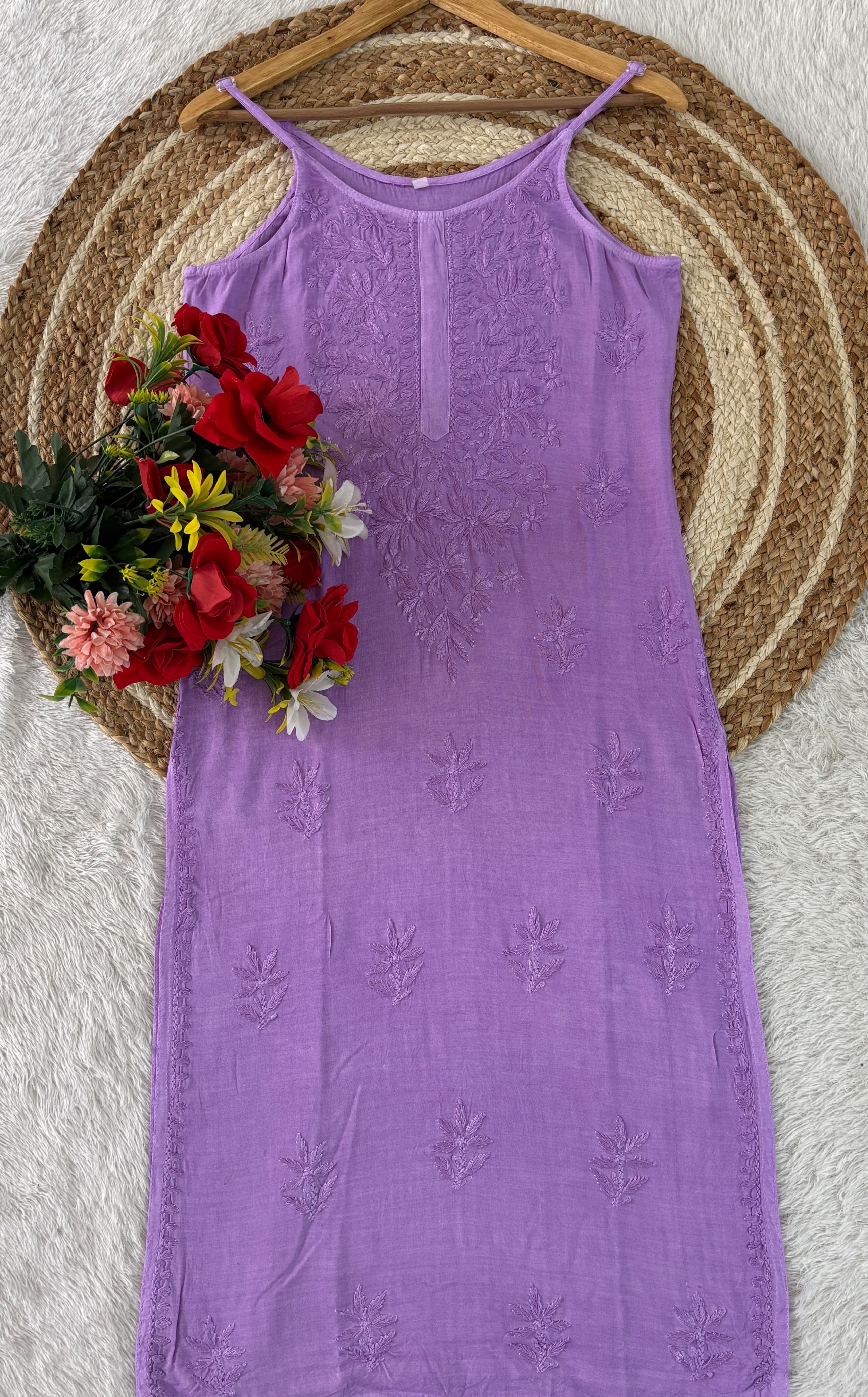 Ghass patti Hand Work sleevless Rayon long top