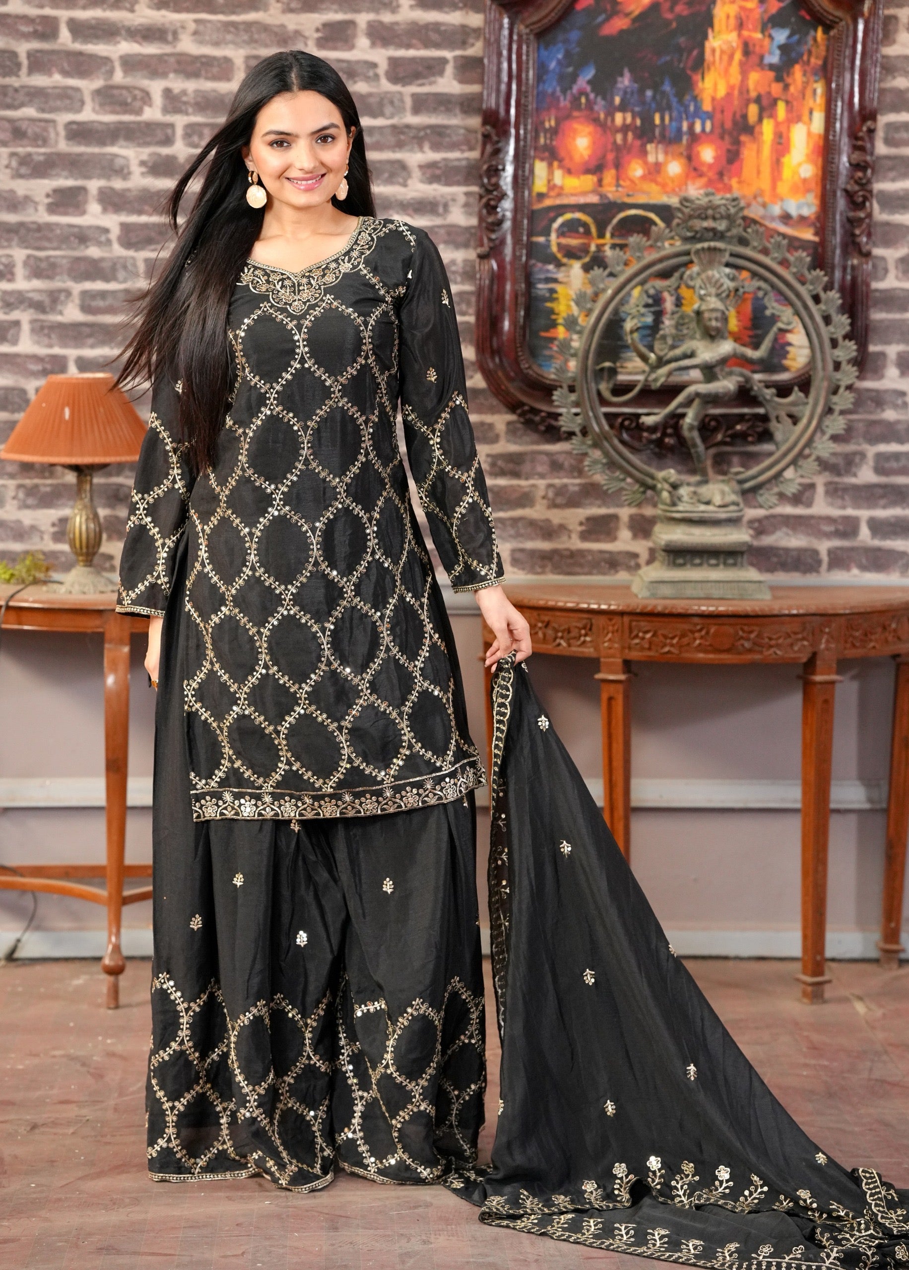 Designer Embroidered Chinon Sharara Suit with Beautiful Work