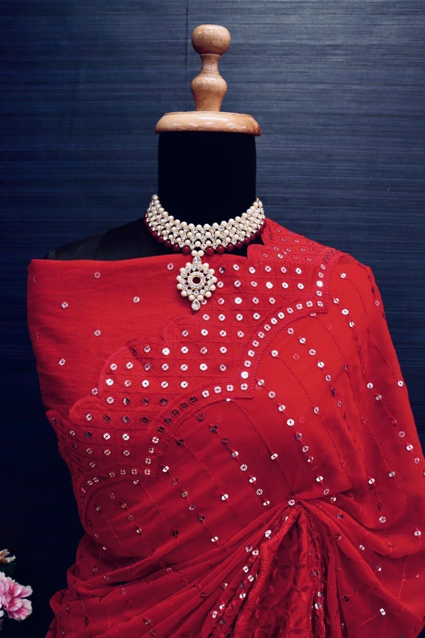Party Wear Sequence Red Work On saree