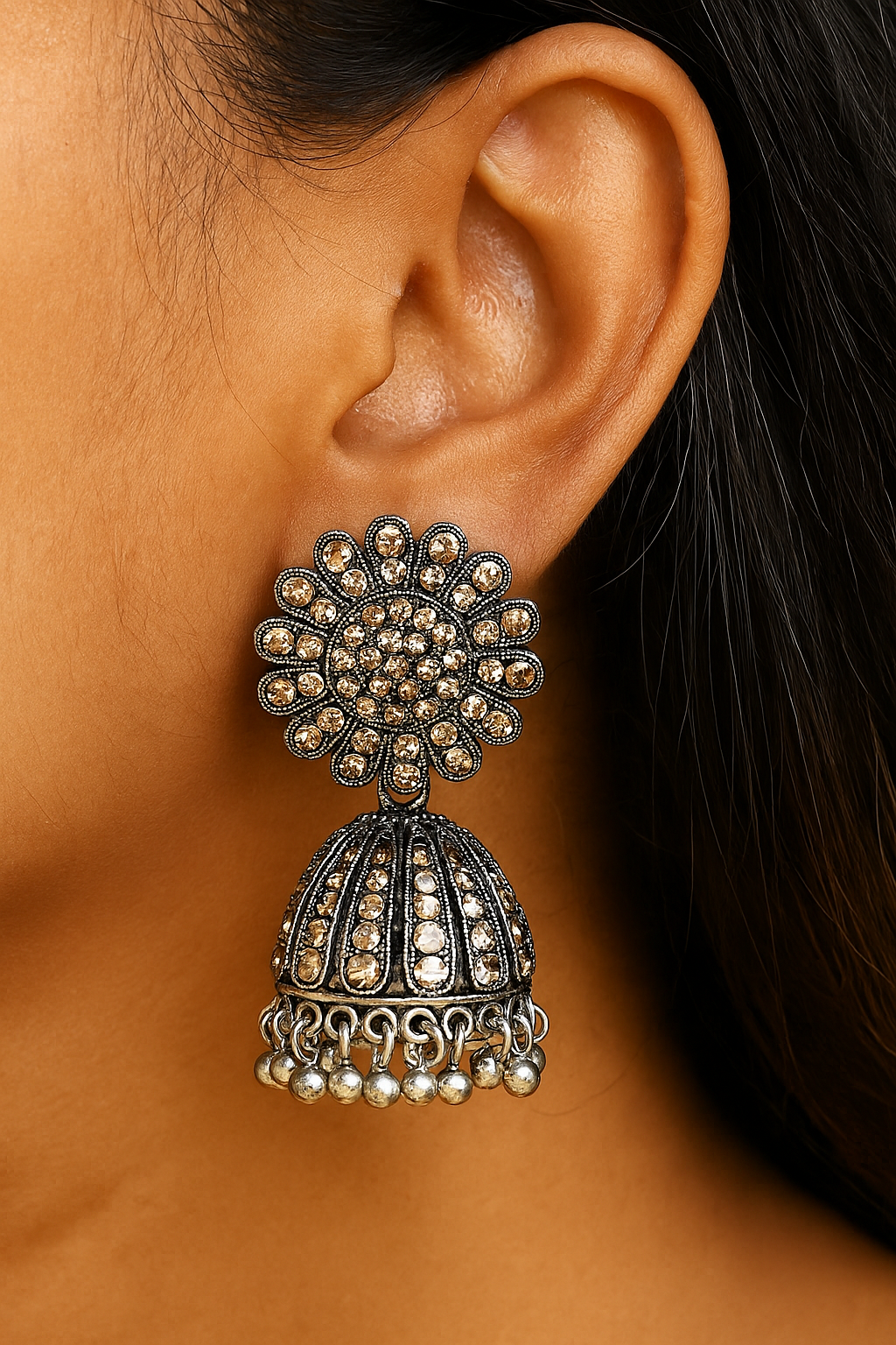 Mirror Bloom Floral Jhumka โ Golden  Sparkle Edition
