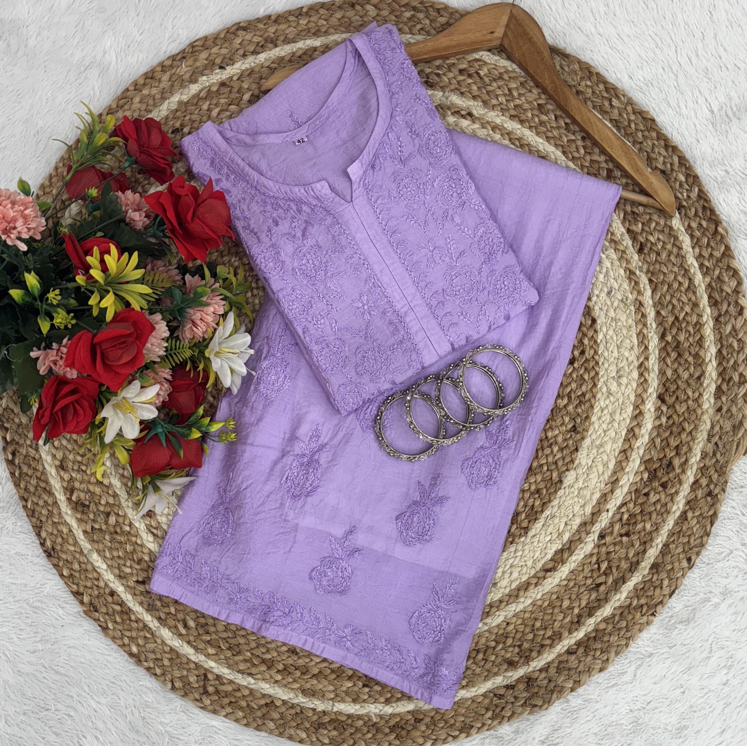 Lucknowi Chikankari Chanderi Rose Design Kurti & Plazo Set