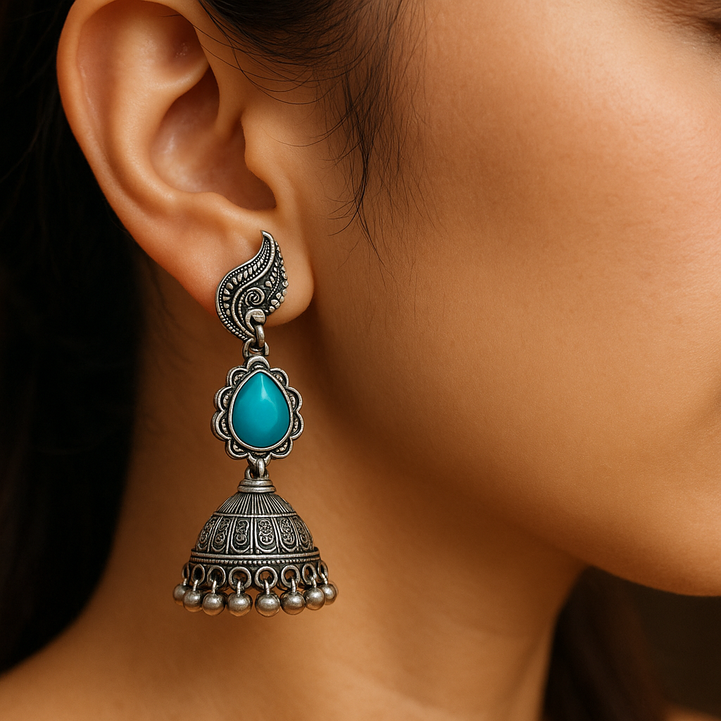 Turquoise Royale Jhumka Earrings โ Antique Oxidized Elegance