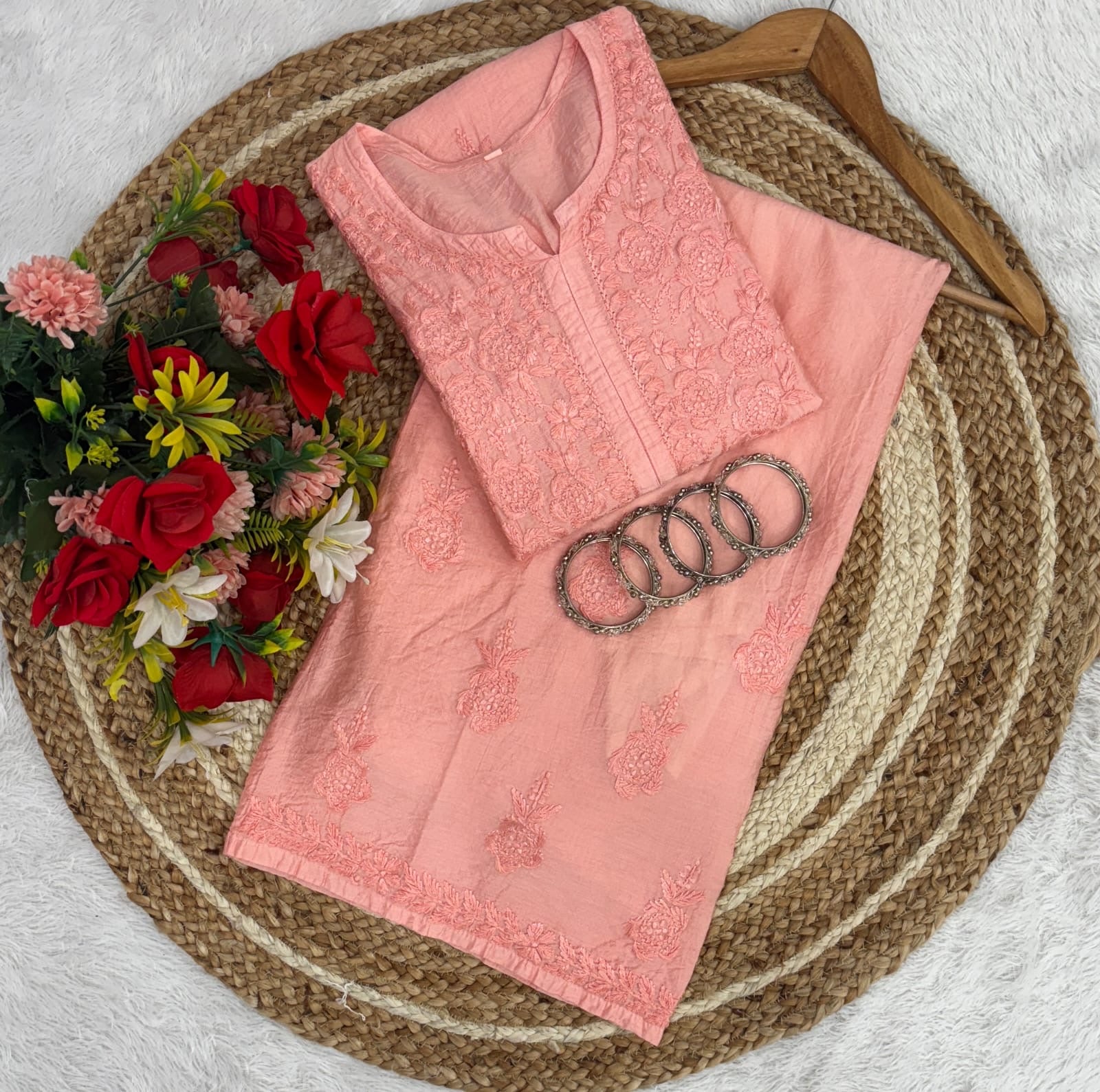 Lucknowi Chikankari Chanderi Rose Design Kurti & Plazo Set