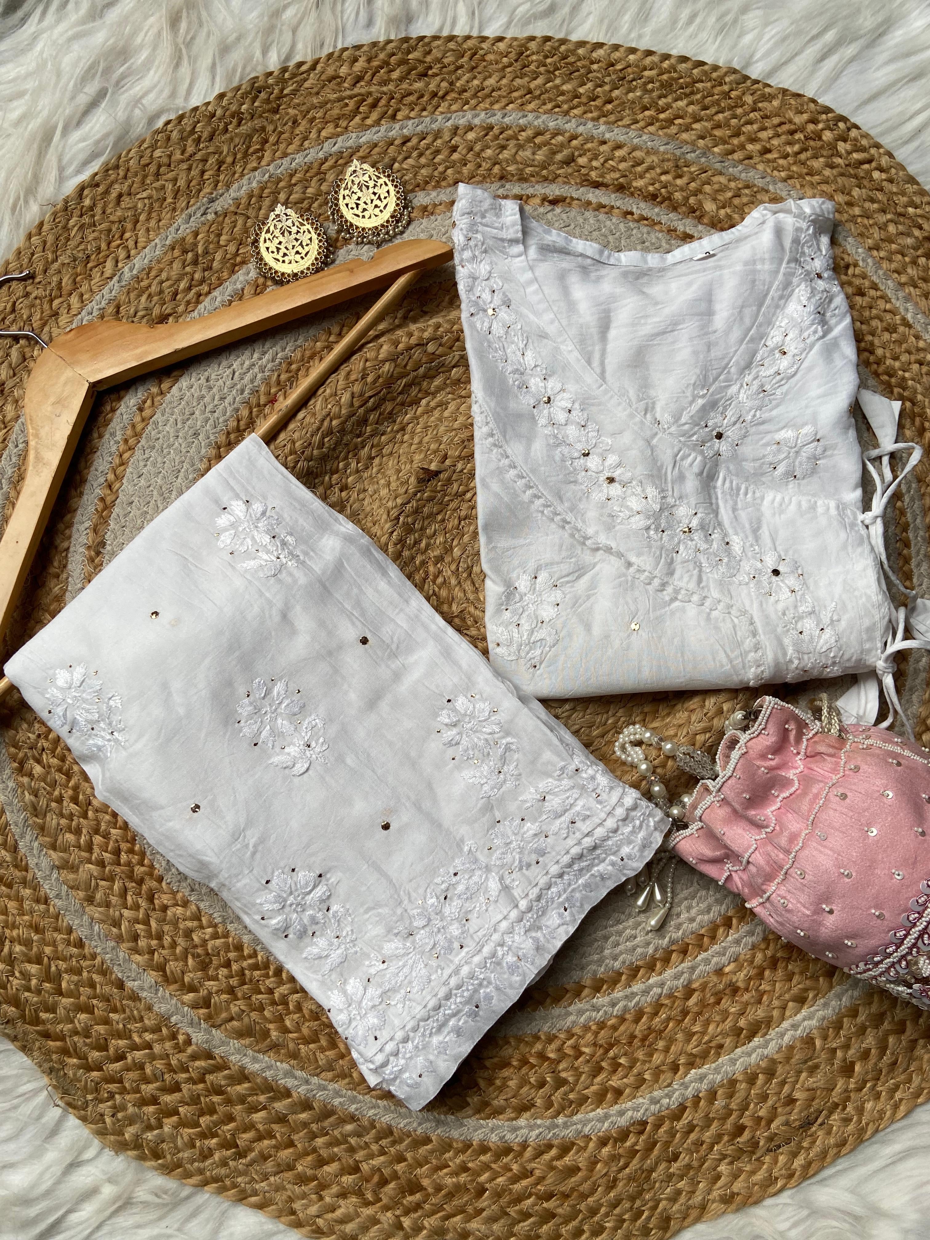 Muqaish Short Angrakha with lace pocket pant