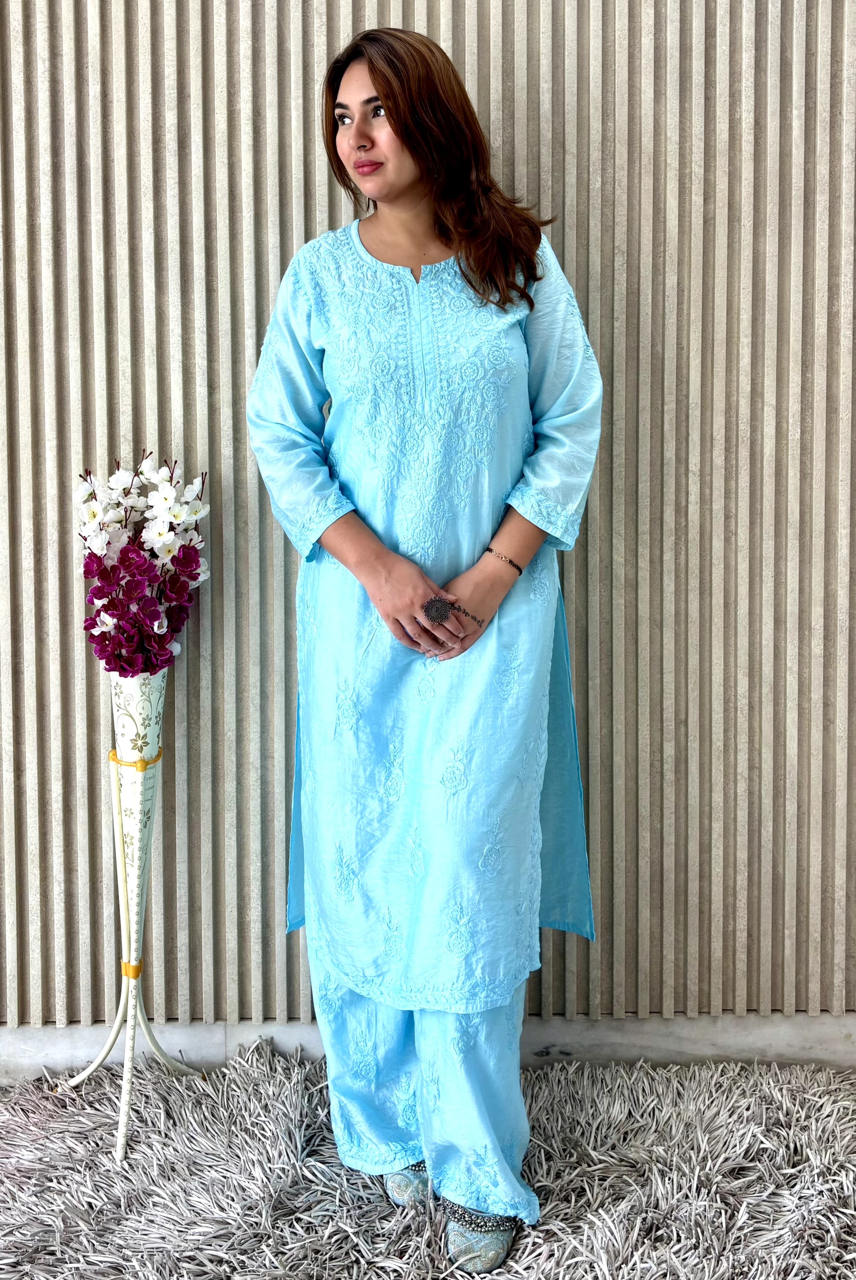 Lucknowi Chikankari Chanderi Rose Design Kurti & Plazo Set