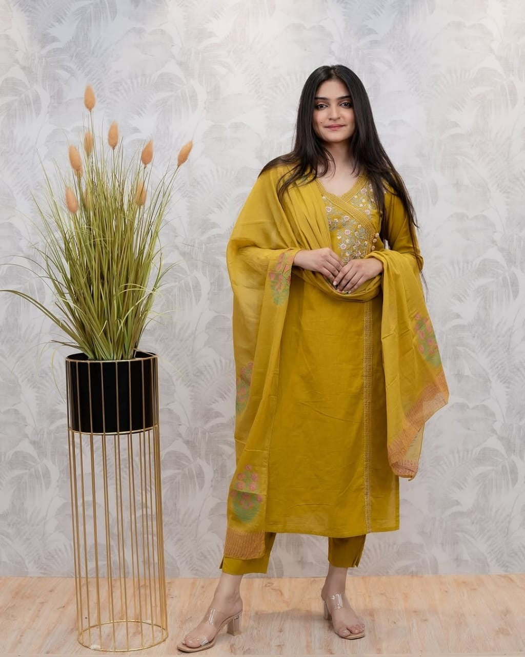 Yellow staright Anarkali Suit Set