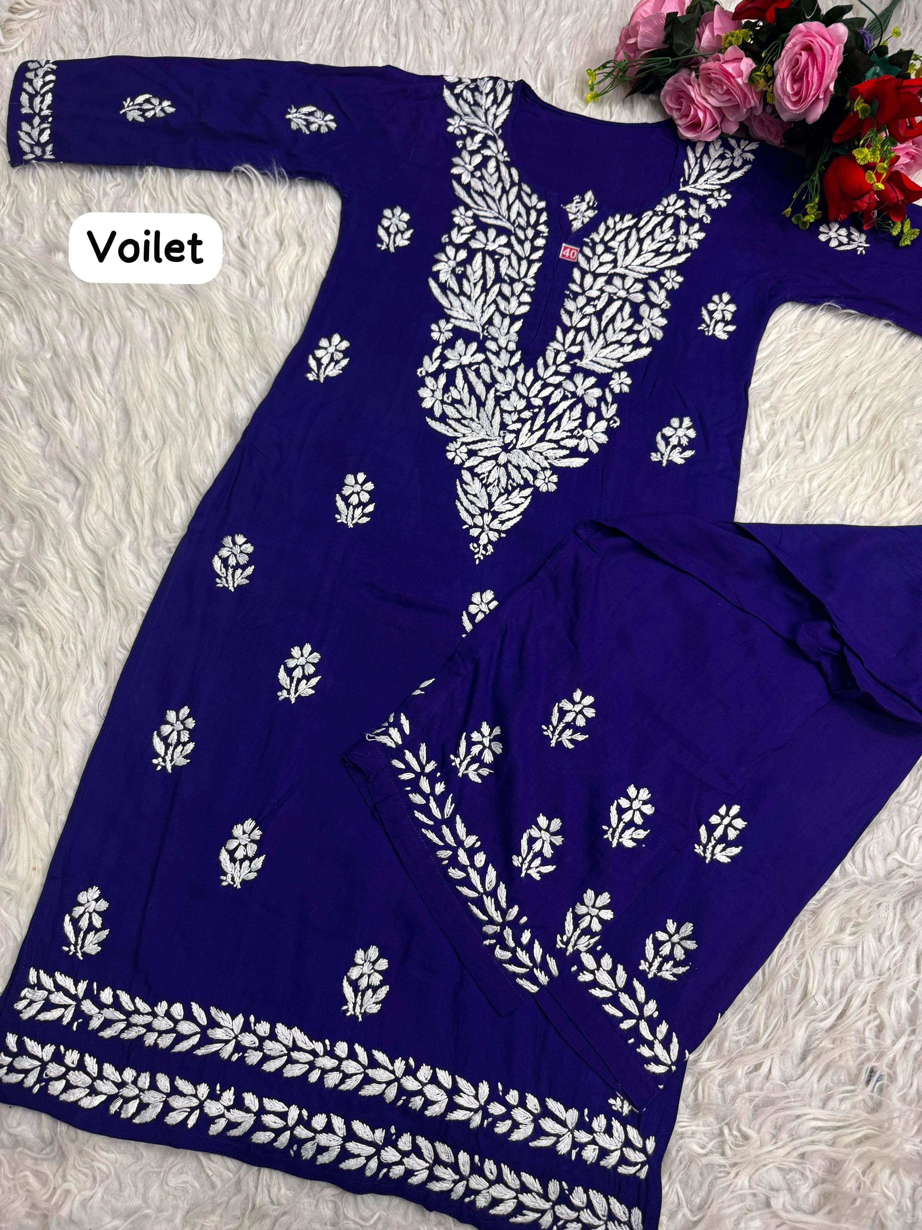 Lucknawi Heavy work Rayon Kurti with Free size plazzo