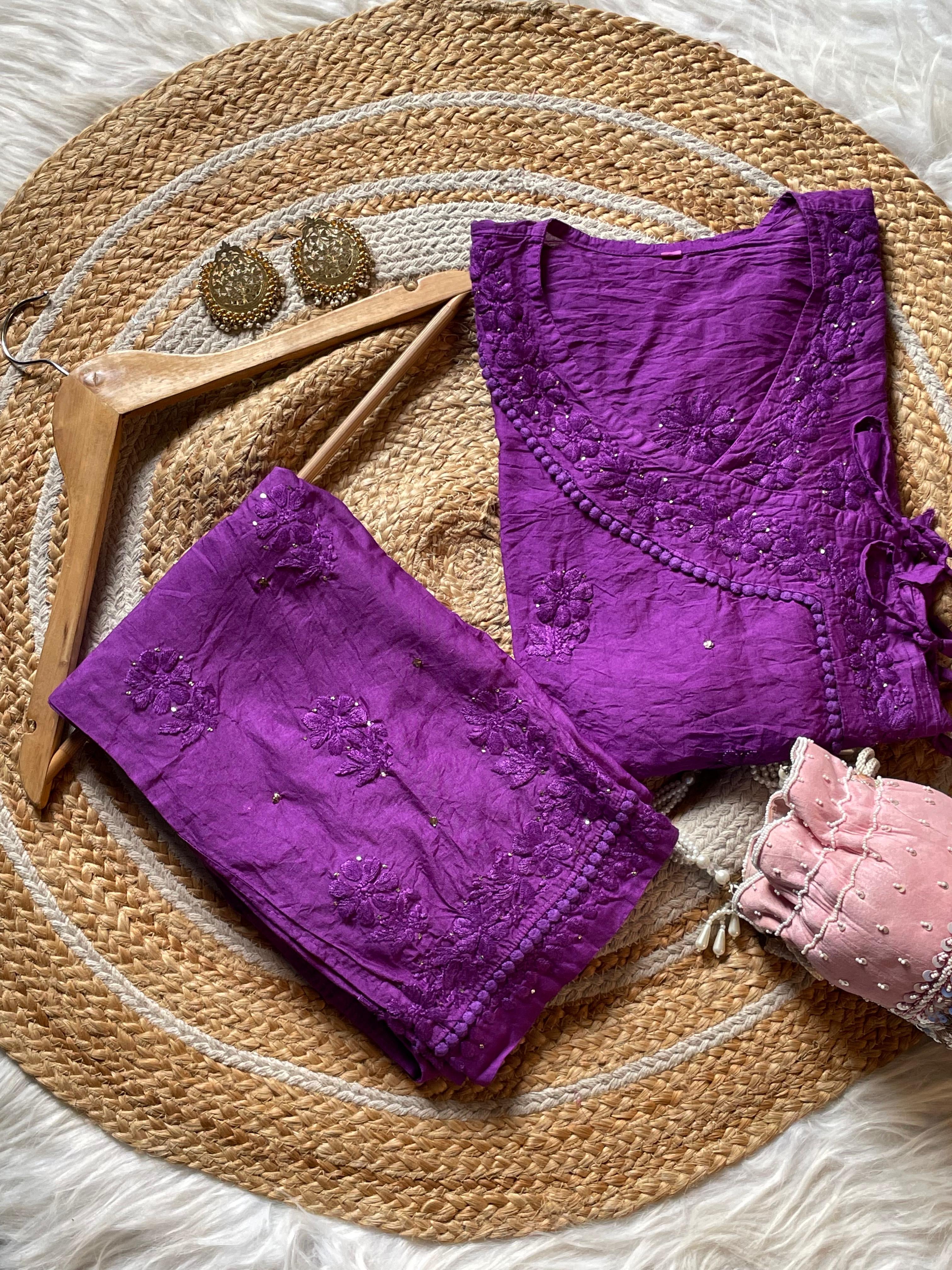 Muqaish Short Angrakha with lace pocket pant