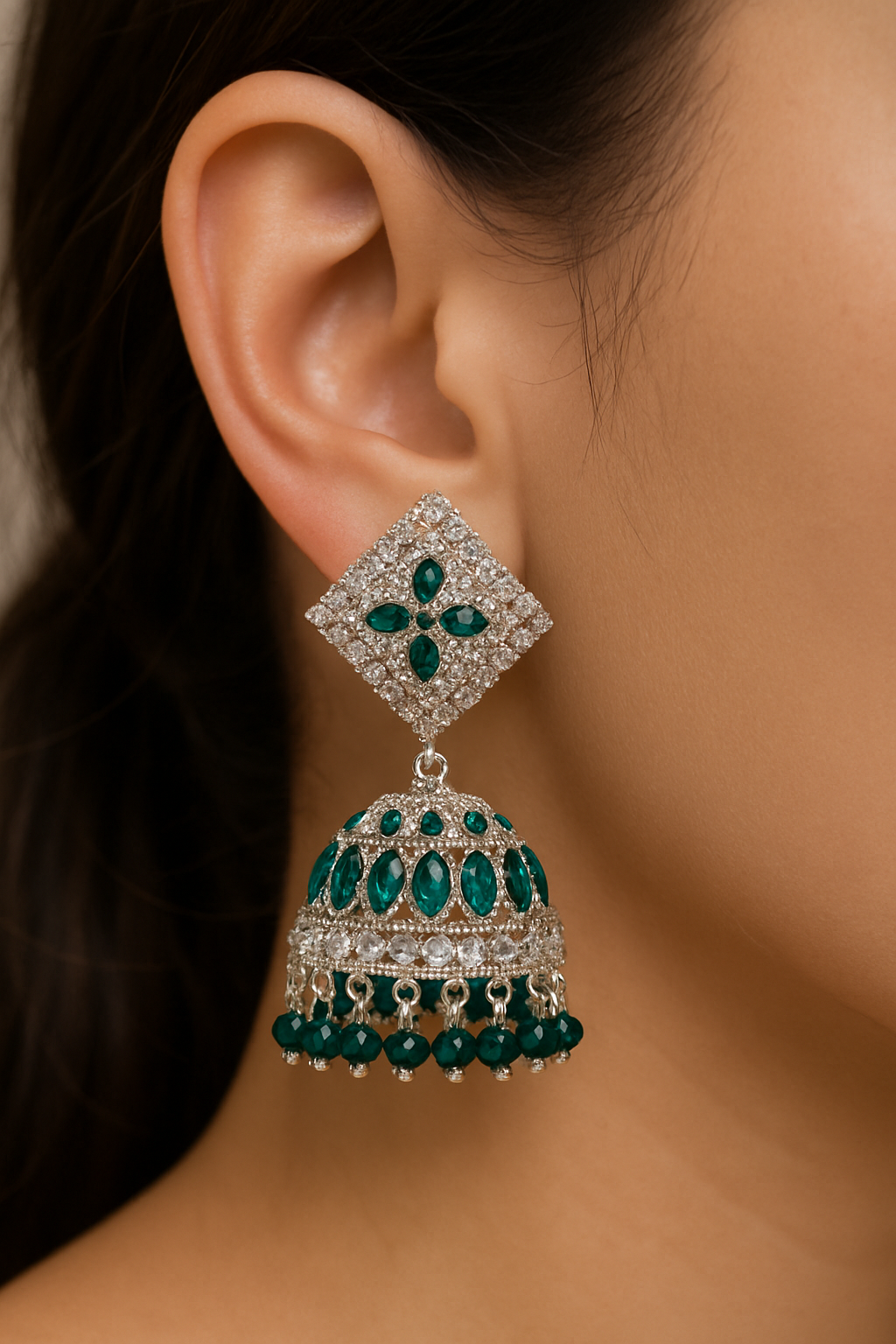 Elegant Emerald Green Jhumka Earrings โ Traditional Glamour Redefined