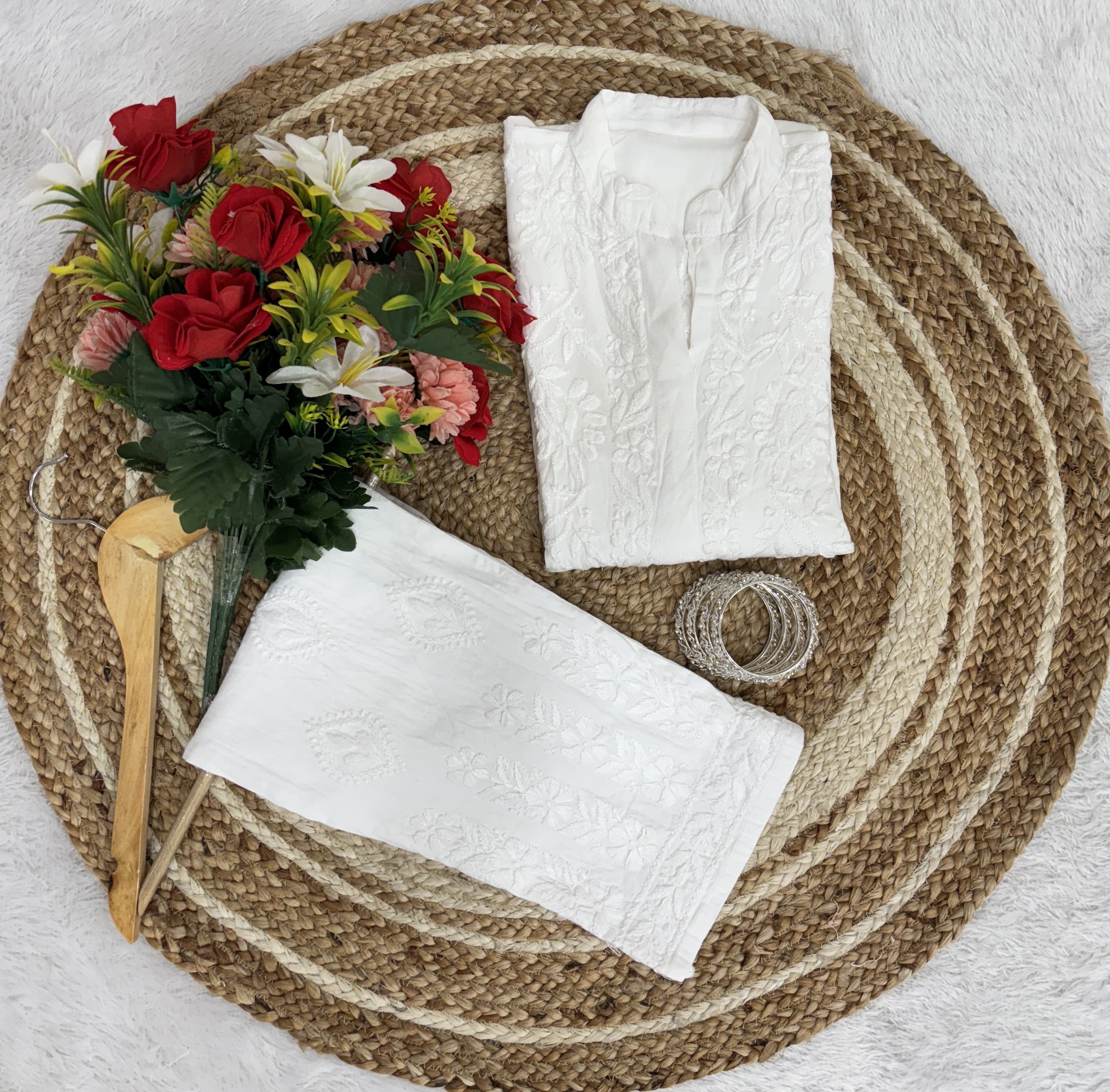 Rayon Chikankari White Ghasspatti Combo