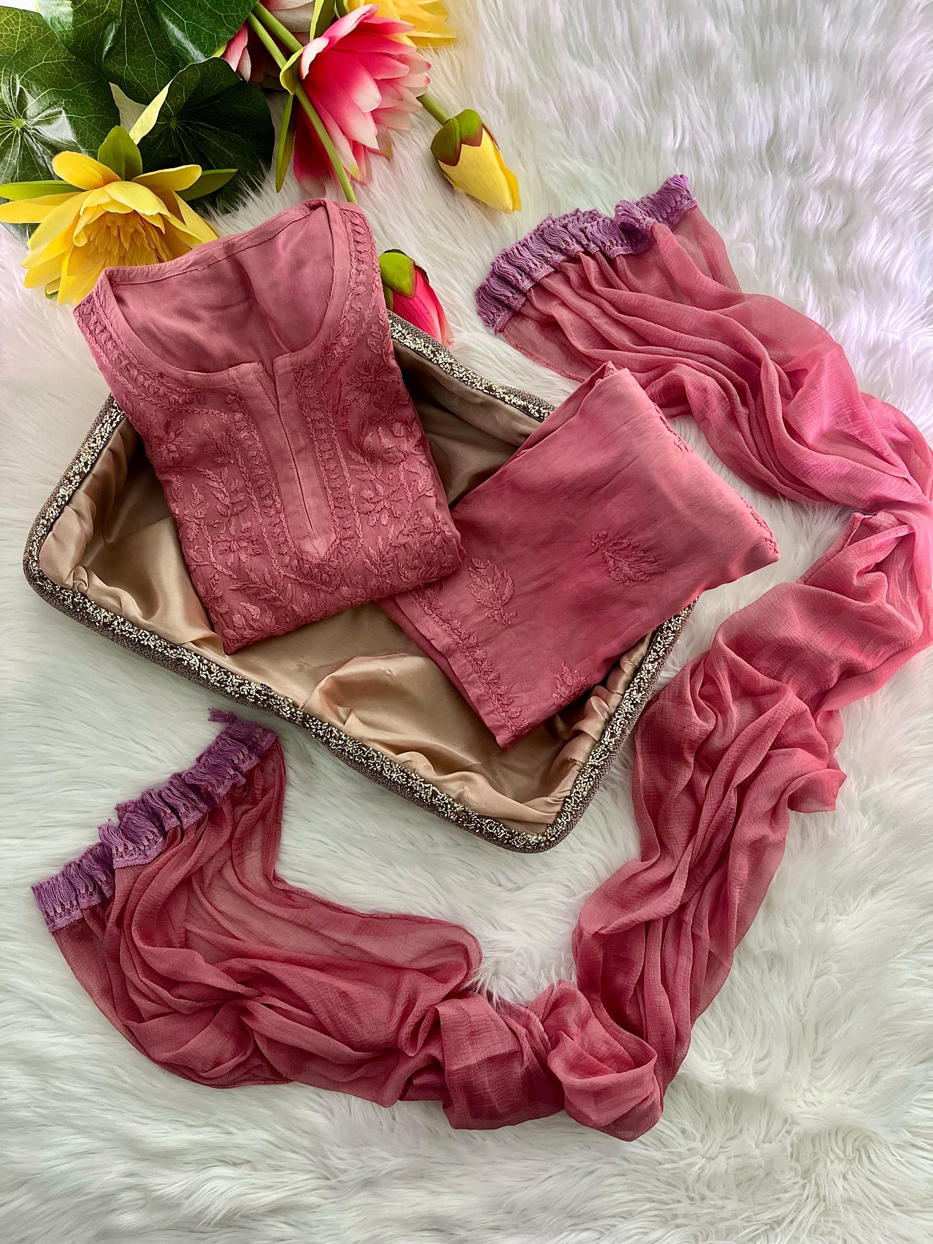 Zoya Rangrez Comfy 3pc Chikankari hand embroidered Set : Saba Ibrahim Inspired