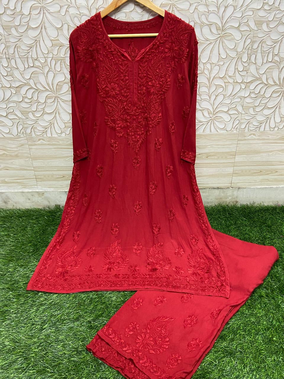 3D Work Plazzo Set Premium Heavy silky Reyon Kurti Plazzo Dupatta Set