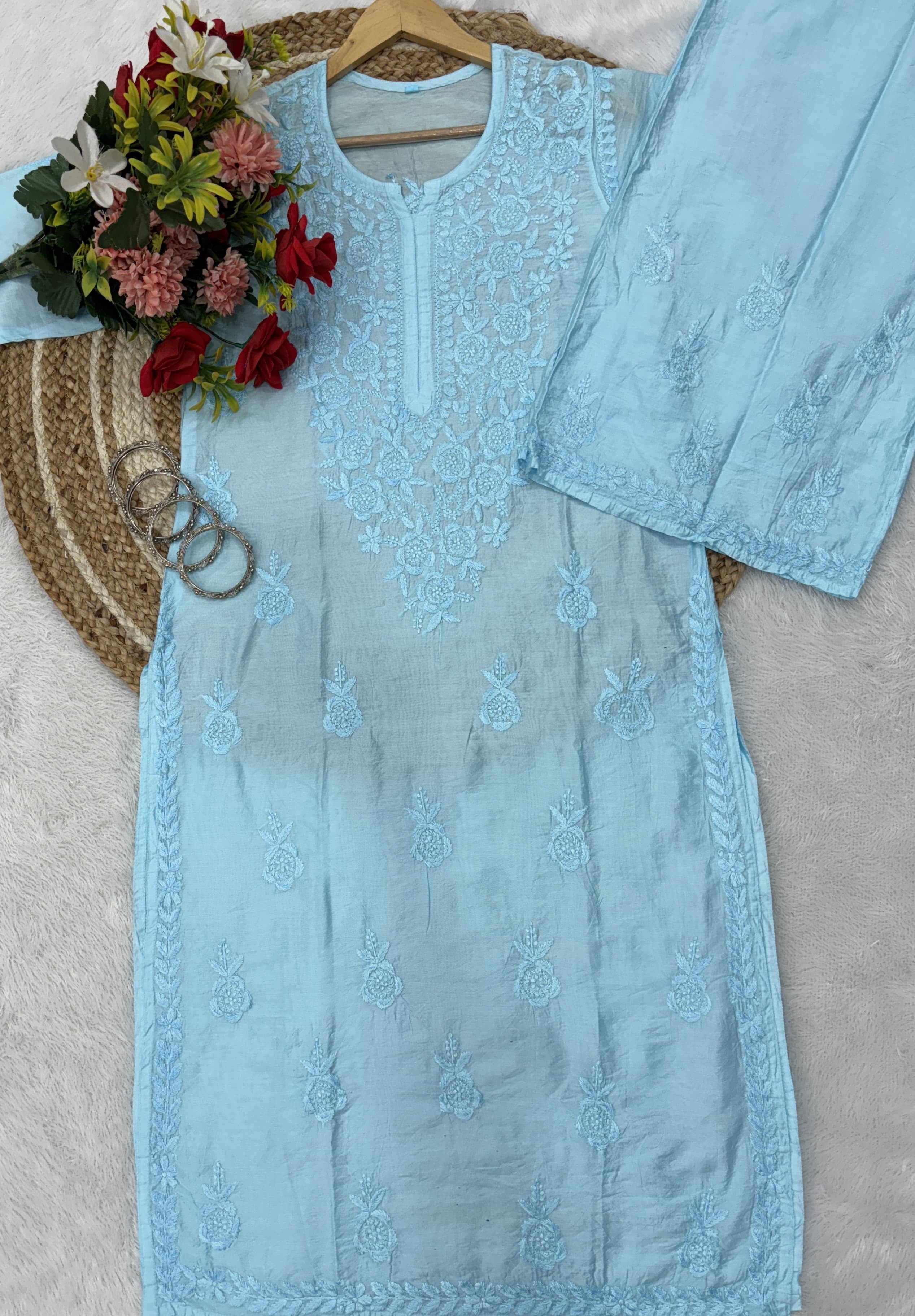 Lucknowi Chikankari Chanderi Rose Design Kurti & Plazo Set