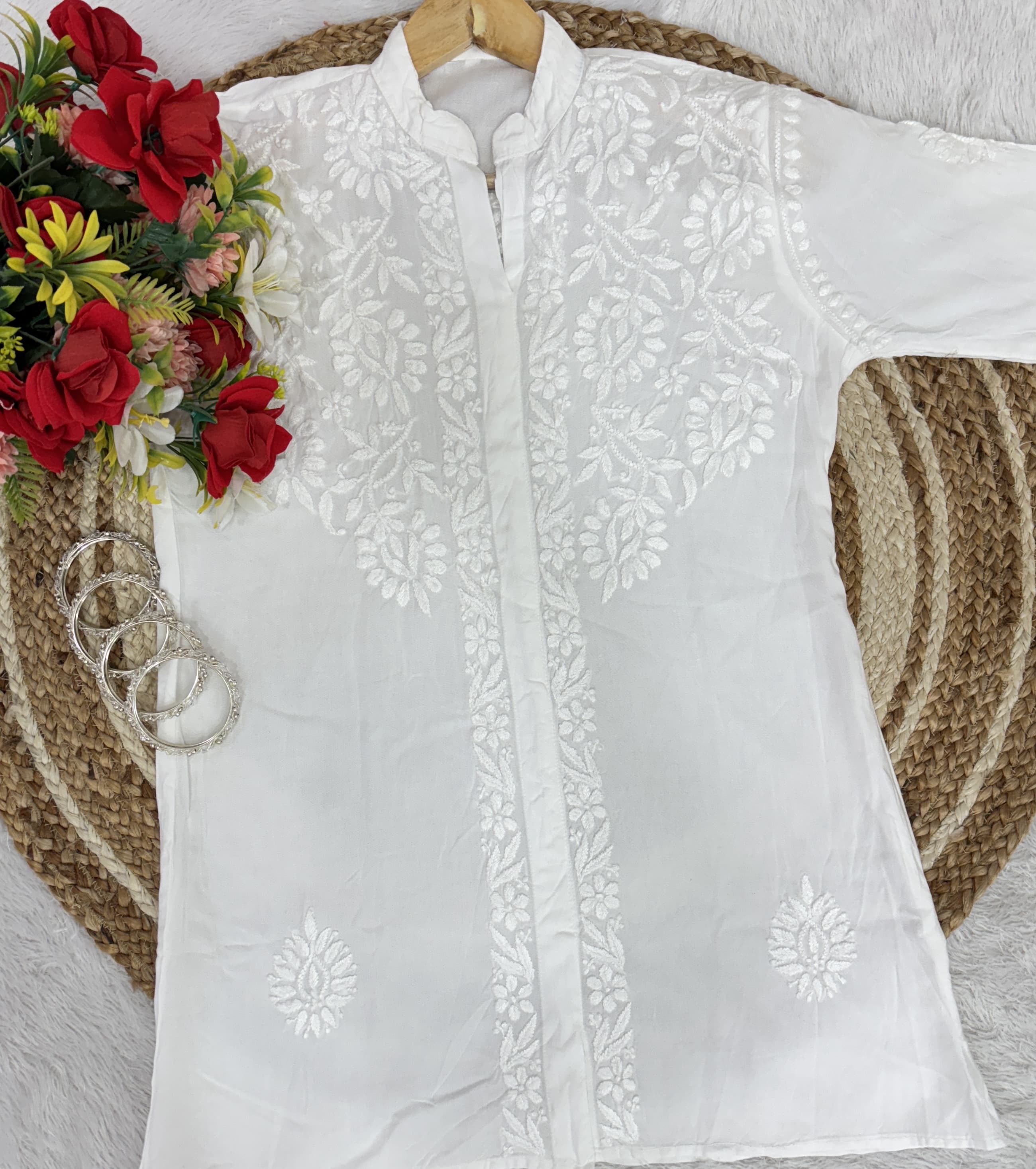 Rayon Chikankari White Ghasspatti Combo