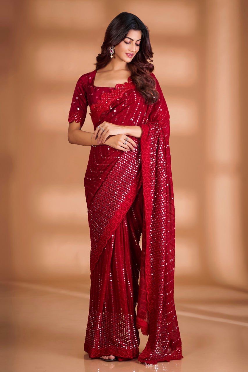 Party Wear Sequence Red Work On saree