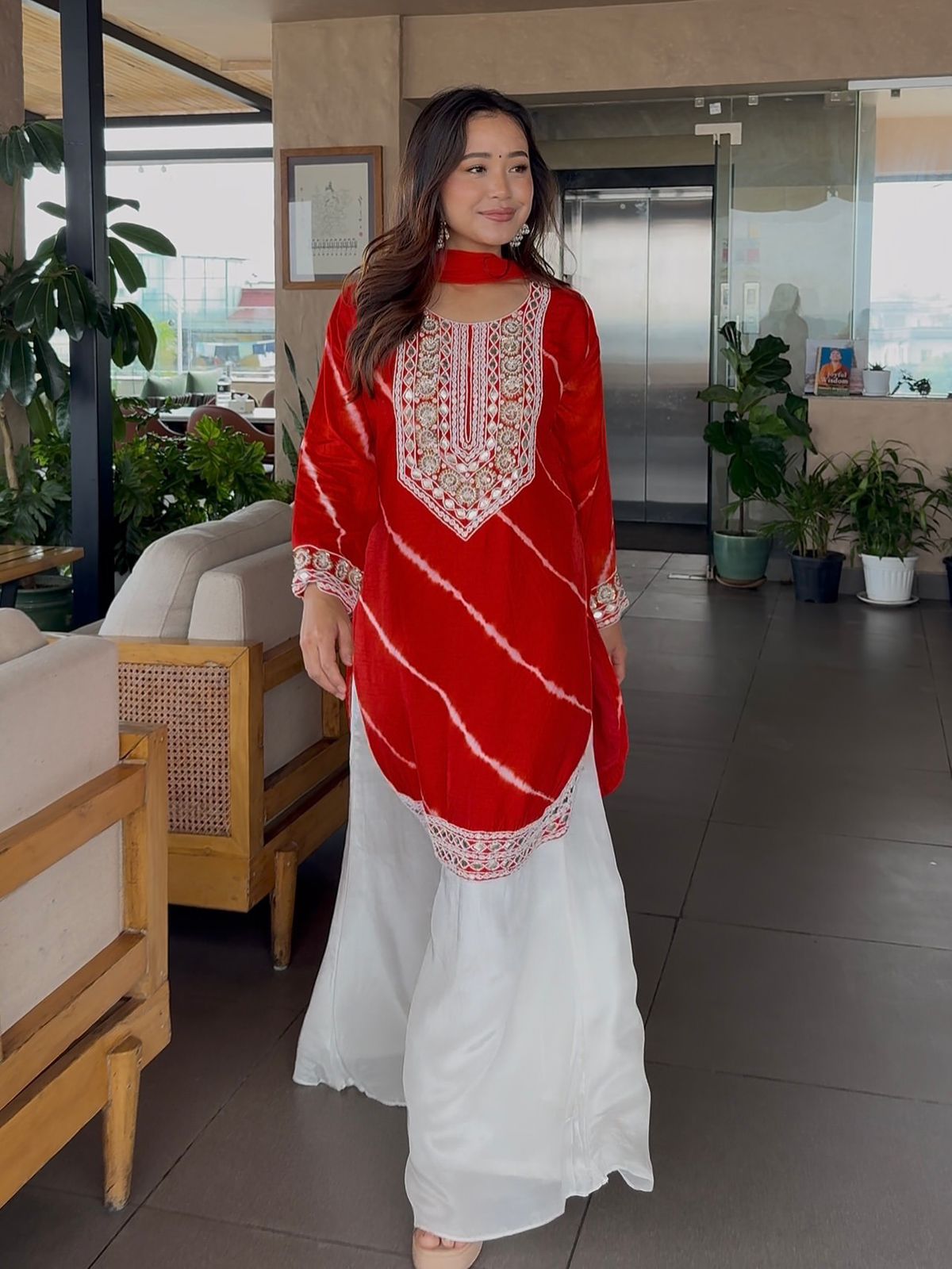 Elegant Mirror Work Tie-Dye Kurta Set with Palazzo & Dupatta – Festive & Ethnic Wear