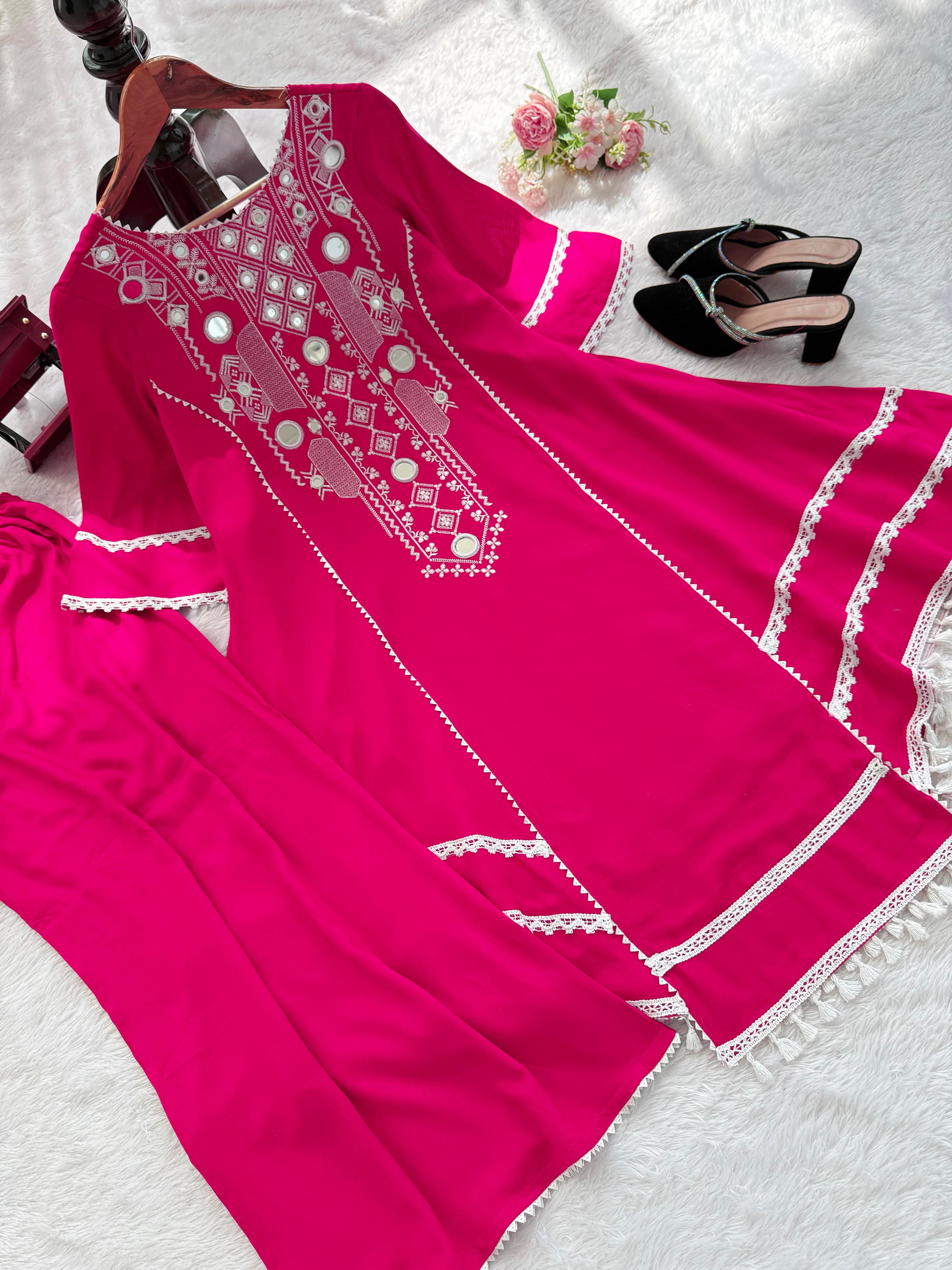 Elegant Rayon Kurti Set with Mirror & Lace Detailing
