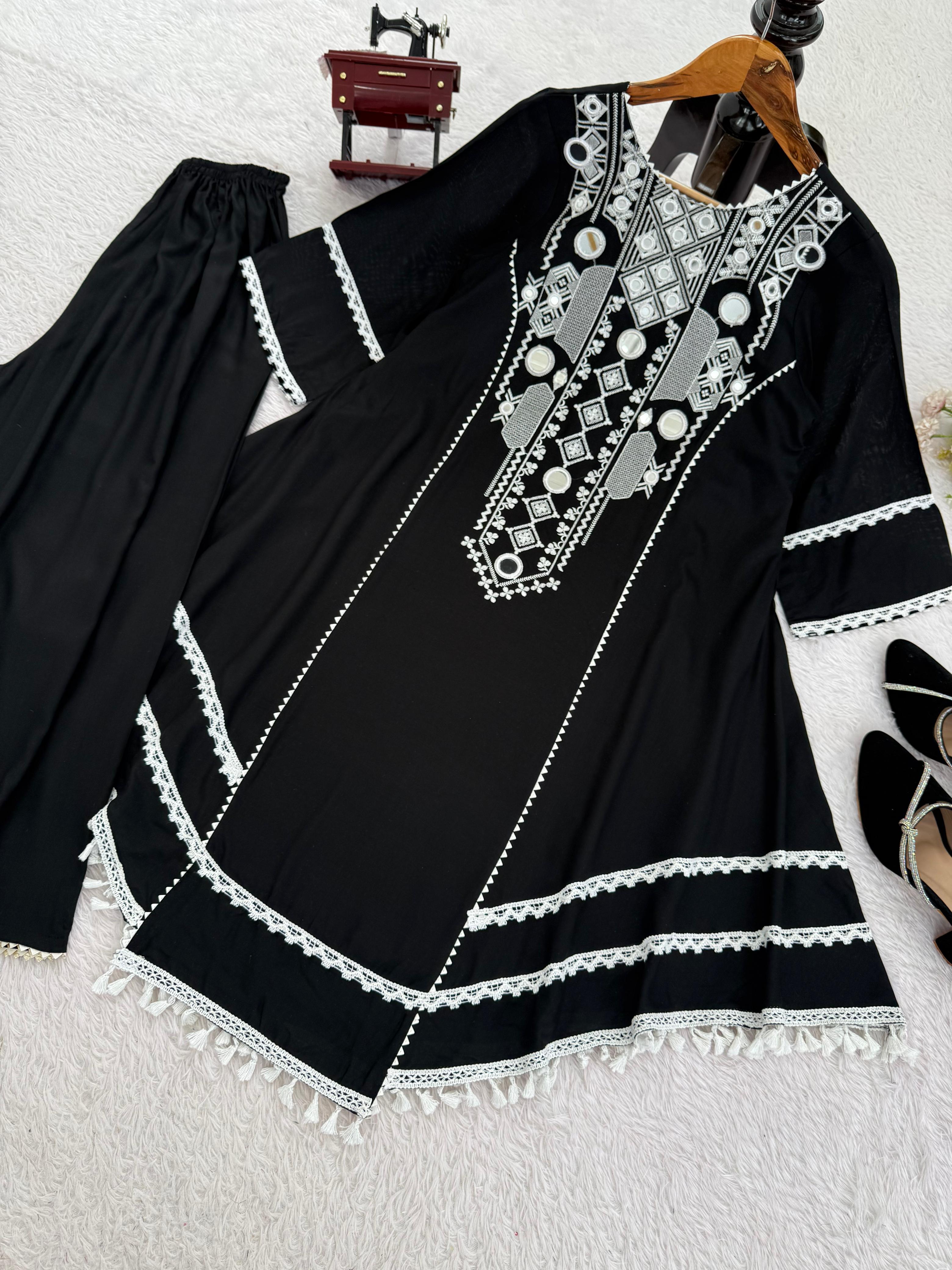 Elegant Rayon Kurti Set with Mirror & Lace Detailing