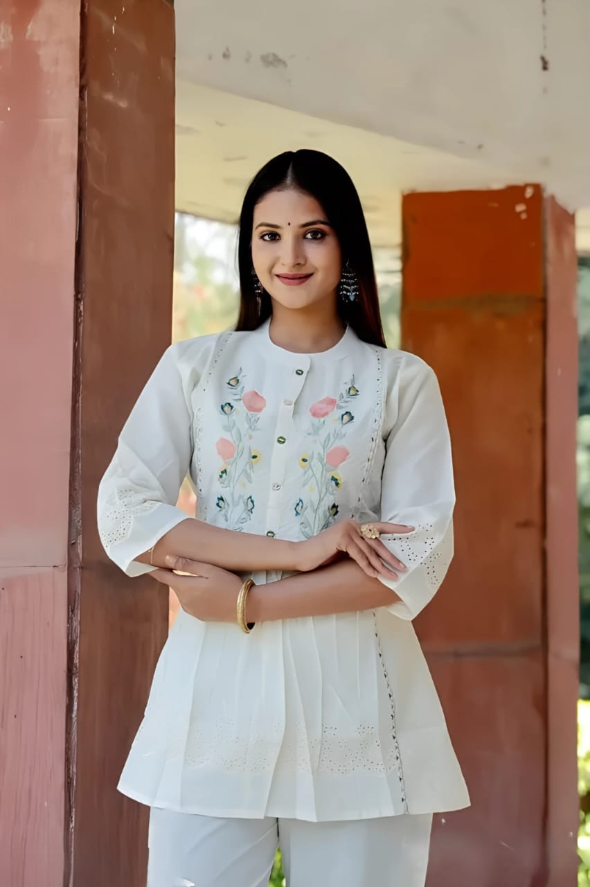 Cotton chikankari embroidered top with pants court set